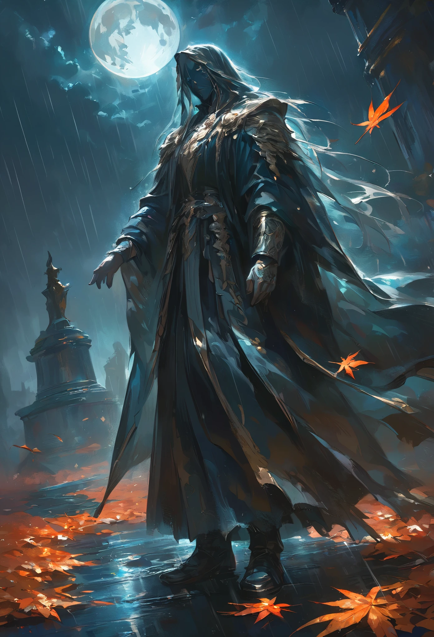 (masterpiece, best quality, ultra-detailed, artistic, painterly style) An illustration of a towering, omnipotent god standing in a rain-soaked autumn night. Their imposing figure is shrouded in darkness, illuminated only by the dim light of a distant moon. Rain drips from their outstretched hand as they proclaim dominion over all life. The god's presence is both mysterious and terrifying, with their arrogance palpable in the quiet, rain-filled air. The wet, fallen autumn leaves shimmer in the dim light, contrasting with the vast power emanating from the god.