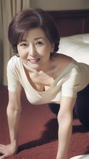 (((old milf granny))), jap, Smirk, (T_shirt), off_shoulder, ((HD, 8K, perfect-quality, perfect-detail)), ((crawl on all fours, sitting)), sagging wrinkled boobies, in bed