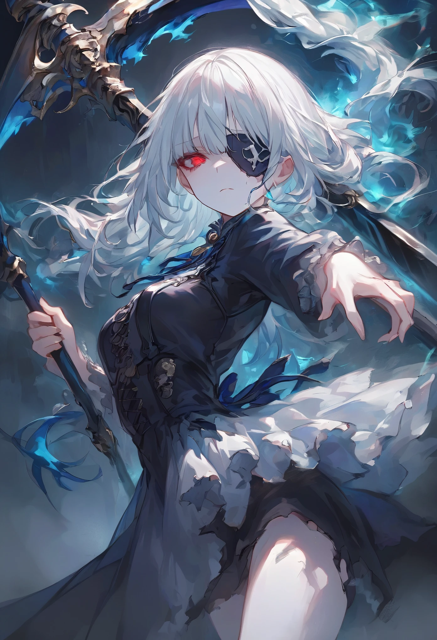 masterpiece, best quality, ultra-detailed, a confident white-haired woman wielding a large scythe, her body leaning slightly forward with one leg stepping out, as if taunting or daring someone to approach, her eyepatch partially obscures one of her sharp, red eyes, giving her a mysterious and dangerous look, her long, silver hair cascades down her back, flowing as if caught in an invisible current, she wears a gothic-style dress that is torn and tattered at the edges, adorned with pearls and bones, giving a sense of ancient power, her hands glow with blue ethereal flames, swirling and dancing around her, creating a mystical aura, her expression is one of amusement mixed with a hint of cruelty, as if she finds the situation entertaining, behind her, shadowy, abstract forms seem to writhe and pulse, giving life to the darkness, the background is dark and foggy, with occasional bursts of light from the blue flames illuminating the surrounding shadows, the overall atmosphere is eerie and foreboding, with the woman standing as the focal point, exuding both beauty and terror, the faint glint of the scythe’s blade adds a sense of anticipation, as if a battle is about to commence, her stance and the motion of her hair suggest a readiness to move, making the scene dynamic and full of tension.