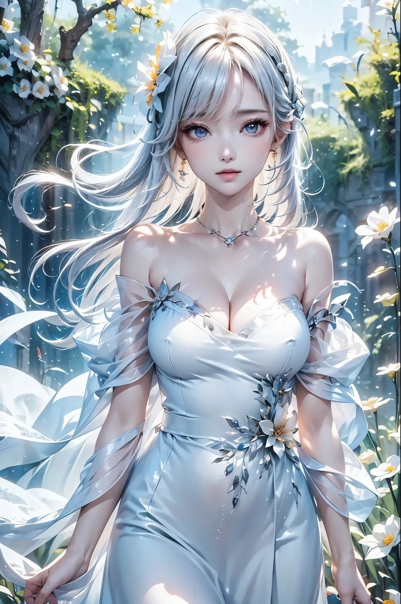 ((masterpiece:1.5、best quality, Very detailed、Realistic))(Photo studio、flower back ground, fantasic composition)1girl, face:sweet girl, off shoulder dress:1.4, loose fitting dress. large breasts, white hair, beautiful, Light shines in、Anti-aliasing effect、Thaw, Gentle light shines through, Beautiful lighting effects, Highlights, Shining, Lens flare