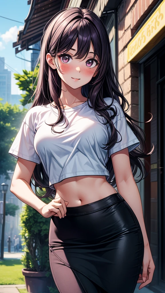 (masterpiece), (best quality, ultra-high resolution, depth of field:1.2), (perfect anatomy), (young), 1woman, (petit body), (wide hips), (small breasts), brown eyes, bright pupils, black messy hair, long hair, (hair between eyes), bangs, (purple under-eye makeup), baggy clothes, (wearing a purple cropped shirt), (black leggings), gym scenery, shy, (blushing), seductive smile