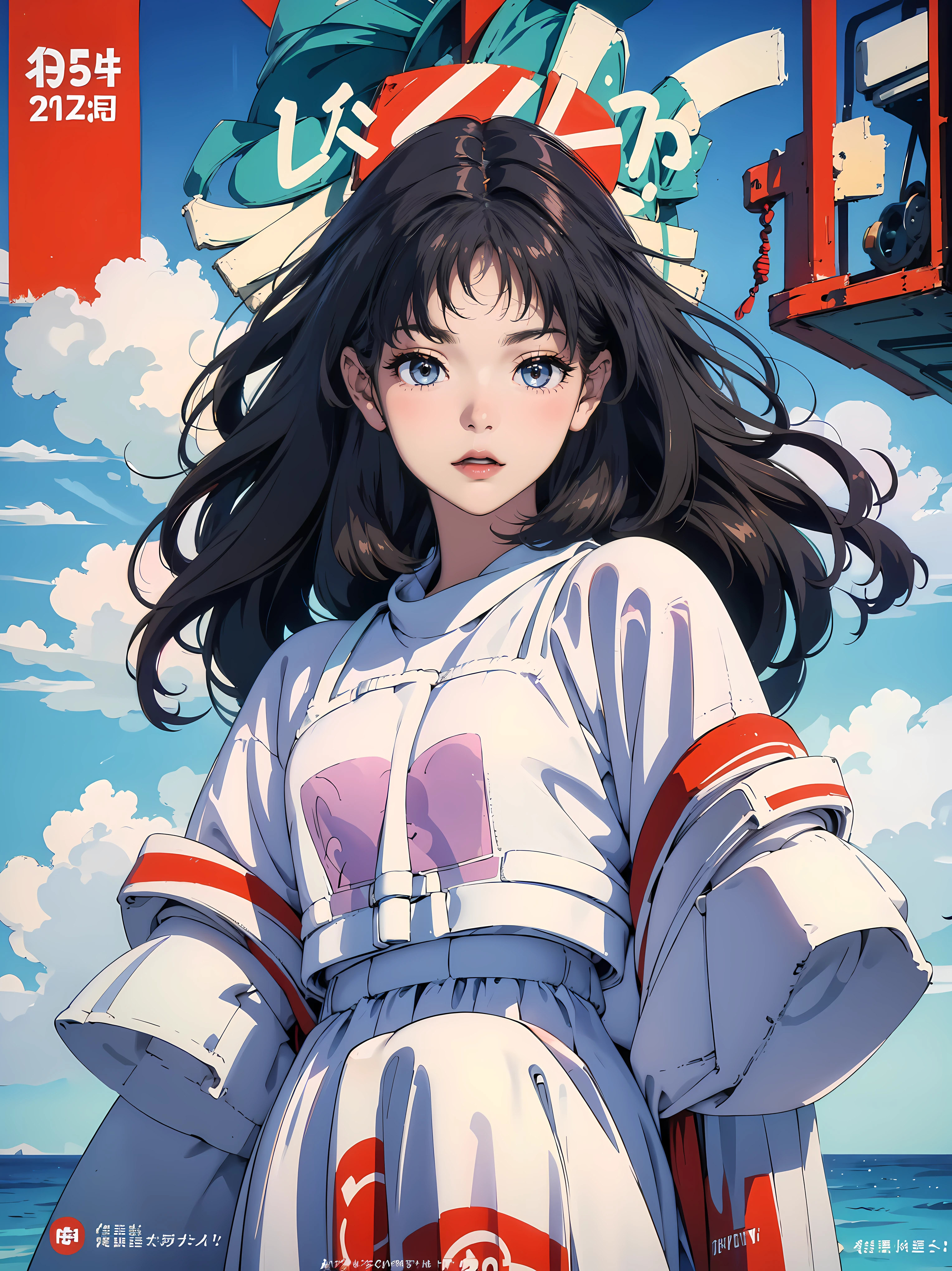 Best image quality, 1980s style animation, 21 year old girl, black hair, Permed hair, bright eyes,  Pretty Eyes, eye line, retro, Summer Clothes, magazine cover, whole body , city , evening in the park, posing, So sexy, so pretty. 짙은 eye line, ocean, Ocean, Summer Vacation