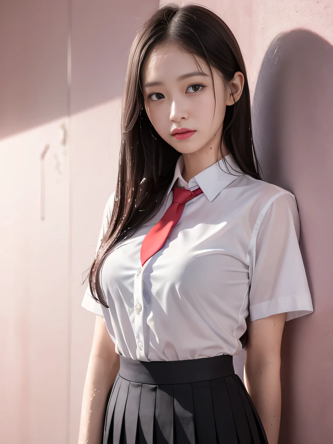 (1 girl:1.3), break, half body shot, Japanese, 17 year old supermodel, Chubby body type, Plump, high school girl, (From the side), (highest quality:1.4), 32K resolution, (realistic:1.5), (Super realistic:1.5), High resolution 32k UHD, (masterpiece:1.2)), (Improvement of quality:1.4), (very beautiful facial details), (Highest quality realistic skin texture:1.4), (perfect anatomy:1.2), (Are standing:1.37), break, Raise the hand, (((school uniform, patterned ribbon tie, pink collared long sleeve shirt:1.15))), red plaid pleated skirt,  break, Emphasizes bust top, ((In the classroom:1.15)), precise fingers, Super detailed, symmetrical eyes, view audience,natural makeup, ((A good eye for quality:1.2)), (tired, sleepy and satisfied:0.0), (fine lips:1.33), (fine nose:1.2), ((Physically based rendering of the background:1.37)), crooked:1.2,medium chest), (heavy chest:1.1, Plump lower body), brown hair, (layered hair:1.37), anxious face, Gentle light hits your face and body。, epic and emotional movie lighting