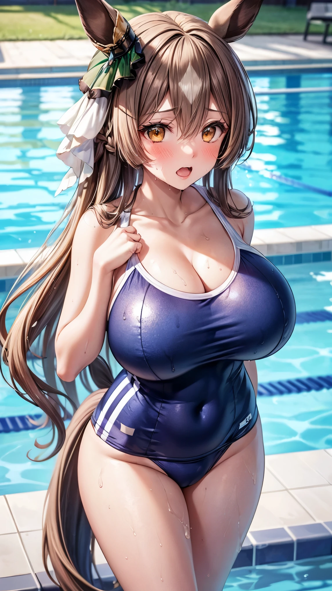 best quality,4k,8k,1girl,((big breasts:1.3)),orgasm,blush,sweat,ccsato, long hair, half updo, braid, hair between eyes, animal ears, ear ornament, horse tail, breasts, collarbone, school swimsuit, blue one-piece swimsuit,wet,poolside,walking