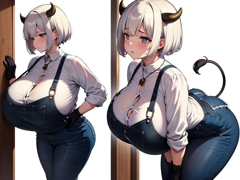 masterpiece, best quality, ultra high res, beautiful detailed hair detailed face, perfect feminine face, (((a girl))), short white hair, black eyes, cow ears, cow horns, (huge breast), big thighs, plump, cow tail, sagging breasts, A lustful look、Seductive expression、 denim overalls、Long trousers、(((White shirt))), bell necklace, (short black gloves), In a farm, full of sweat, blush:1.6、My shirt is wet and transparent、Voluptuous、obesity、Big Ass、Very thick thighs、Plump、 standing on all fours、Looking up、low angle photo