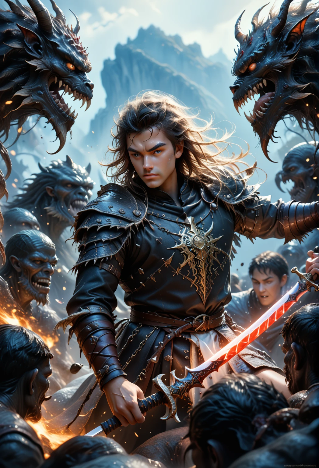  score_9,  score_8_up,  score_7_up , dark_fantasy,(Berserk),(Great Sword）,(Lots of monsters )、detailed