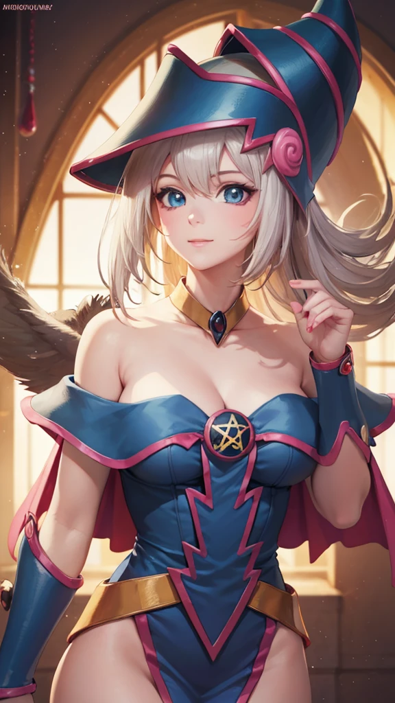 Hyperrealistic portrait of a young Dark Magician Girl with a mischievous expression. She wears only LINGERIE that highlights her figure, with ultra-white, glowing skin that looks almost ethereal. Her hair is extremely long, silky and smooth, of a vibrant silver, with a beautiful fringe that frames her face. She has a high ponytail that adds a touch of youthful elegance.. Her big blue eyes shine like jewels, reflecting impeccable beauty. Illumination that highlights your cheekbones, with a glossy finish that highlights its dazzling appearance., STRIPPING
