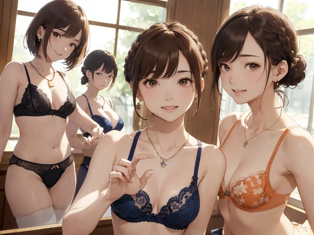 (Best Quality、masterpiece、 High Resolution )、(Sargent-style watercolor)、(Anime Art)、、((Multiple women、Everyone is standing, Lined up))、(Detailed depiction of a beautiful face）、A kind smile、 medium short hair 、Dark Brown Hair、 braid、、Drinking tea、 cinematic light 、Soft sunlight、、Blur the background、White bra and underwear set、Or a black bra and underwear set、Or a red bra and underwear set、Or a blue bra and underwear set、Or wearing a purple bra and underwear set, Or an orange bra and underwear set、Horizontal striped bra、Floral bra、Floral underwear(1.8)。T-back shorts(1.8) garter belt on the background stage(1.8）、See-through underwear(1.8)、Sheer blouse(1.8)、(whole bodyが写る(1.8) Six-pack。
information(Best Quality:1.2)、 very detailed、 High Resolution 、masterpiece:1,2、Bright colors、Bokeh、Professional Lighting、 Physically Based Rendering、 flat color:0.8、 Amazing Illustration 、Realistic:1.37、Makoto Shinkai style、Name Style、Light Brown Hair、An elegant update、Short Bob、、Laugh together、 Dynamic Pose lip、cheek(Dark Brown Hair/)bangs、cheek(direction)、(最高masterpiece1.2)繊細なイラスト very detailed、Breaking the blue sky、 detailed background、20-year-old female、whole bodyが写る、 has a smiling face 、 Clench Your Teeth 、 Clench Your Teeth 、lip、cheek( flat color: 0.8)、(masterpiece: 1,2)、(masterpiece: 1,2)、 High Resolution 、超 High Resolution 、Best Quality、 High Resolution 、Ultra-thin illustration、Makoto Shinkai style、Your name is style、Short Bob、necklace、Earrings、 Dynamic Pose 、Selfie、whole body、Brown Hair、 braid、Cheek、lame、Hair Bun、 ponytail･Hair Bunスタイル、necklace、Valletta、ribbon、Earringsアニキュア,。
