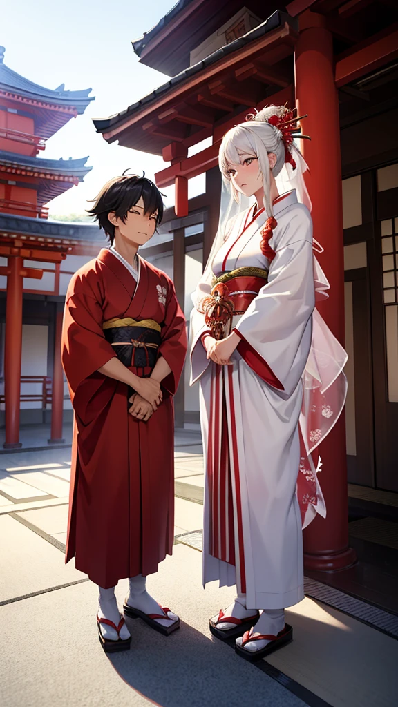 Traditional Japanese wedding scene in front of a red shrine. The shrine has large, striking red pillars, intricate white and gold detailing on the roof, and a thick decorative rope (shimenawa) hanging prominently above the entrance. The groom and bride stand dressed in traditional Japanese wedding attire; the groom wears a black crested haori (kimono jacket) over striped hakama (trousers), and the bride wears a white hooded shiromuku (wedding kimono). The overall atmosphere is calm and respectful, with the couple standing side by side and exchanging tender glances in front of the sacred shrine. Bright, sunny weather illuminates the scene, casting well-defined shadows and accentuating the vibrant colors of the shrine's architecture.