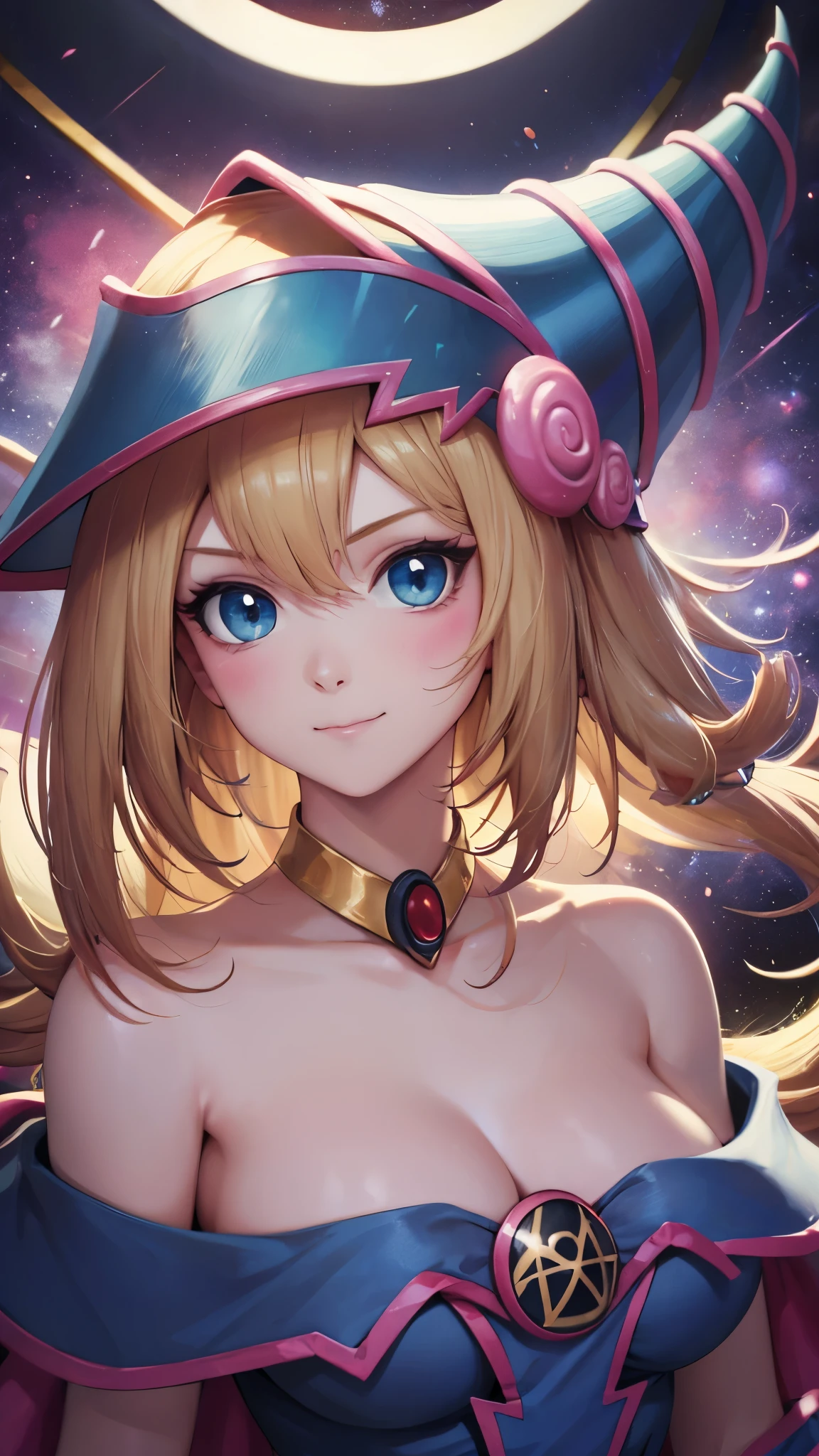 Hyperrealistic portrait of a young Dark Magician Girl with a mischievous expression. She wears only LINGERIE that highlights her figure, with ultra-white, glowing skin that looks almost ethereal. Her hair is extremely long, silky and smooth, of a vibrant silver, with a beautiful fringe that frames her face. She has a high ponytail that adds a touch of youthful elegance.. Her big blue eyes shine like jewels, reflecting impeccable beauty. Illumination that highlights your cheekbones, with a glossy finish that highlights its dazzling appearance., STRIPPING
