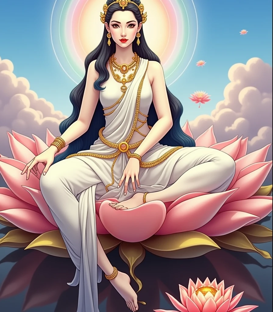 There is a beautiful goddess sitting on a large lotus flower in the void，Perfect body posture，meditative sacral pose，Long curved eyebrows，Beautiful eyes sparkle，The large, Jewel-like eyes sparkle，Clear pupils have reflected light，二重まぶた，（（Plump and rosy lips））Nipples clearly visible，（（Flushed cheeks）），The mandible is plump，Fair skin is delicate and smooth，Delicate skin translucent，A delicate and dexterous crown，inlaid gemstones，Exquisite and ingenious，inlaid gemstones，Sitting on a light red lotus in the air，look straight at the camera，（（Pinch the stem of the lotus flower with one hand）），(((nice hand)))，（（（（Good feet））），（（（good legs））），realisticlying，white skinned，（（Correct body structure）），White clothing，decorated in white，Meditate on the lotus pose，baiyun，Blue sky，Head background with round light，Behind him is a colorful rainbow circle，Color glow is turned on，Front lighting，Positive light，No shadows on the face，There are no shadows on the body，Blue sky，Unreal space，ethereal world，dreamworld，with blue sky and white clouds，tmasterpiece，4K，ultra-definition，professional photoshooting，Perspective looks up，Standard lens shooting，