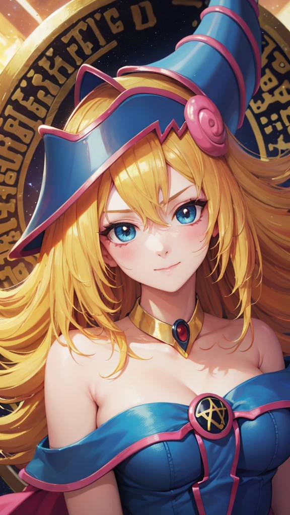 Hyperrealistic portrait of a young Dark Magician Girl with a mischievous expression. She wears only LINGERIE that highlights her figure, with ultra-white, glowing skin that looks almost ethereal. Her hair is blond and  extremely long, silky and smooth, of a vibrant silver, with a beautiful fringe that frames her face. She has a high ponytail that adds a touch of youthful elegance.. Her big blue eyes shine like jewels, reflecting impeccable beauty. Illumination that highlights your cheekbones, with a glossy finish that highlights its dazzling appearance., STRIPPING
