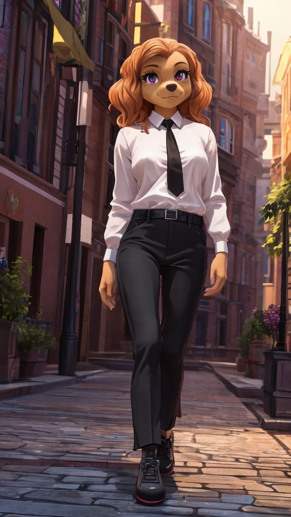 Skye from Paw Patrol, anthro, female cockapoo, tall mature adult, flowy wavy orange hair, magenta eyes, white shirt with black tie, black pants, black shoes, standing, detailed, solo, beautiful, high quality, anime, 4K