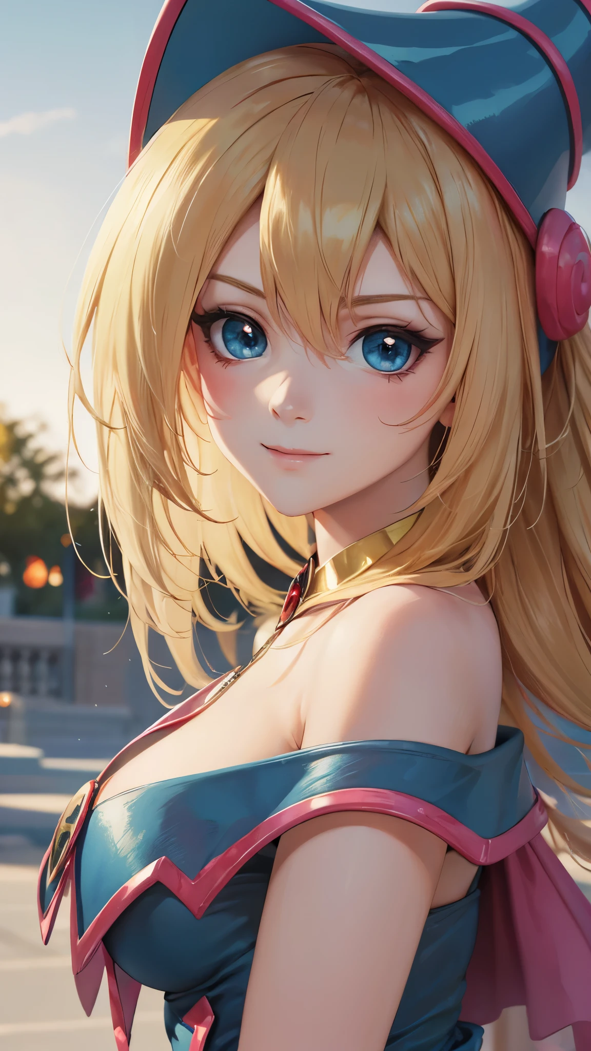 Hyperrealistic portrait of a young Dark Magician Girl with a mischievous expression. She wears only LINGERIE that highlights her figure, with ultra-white, glowing skin that looks almost ethereal. Her hair is blond and  extremely long, silky and smooth, of a vibrant silver, with a beautiful fringe that frames her face. She has a high ponytail that adds a touch of youthful elegance.. Her big blue eyes shine like jewels, reflecting impeccable beauty. Illumination that highlights your cheekbones, with a glossy finish that highlights its dazzling appearance., STRIPPING
