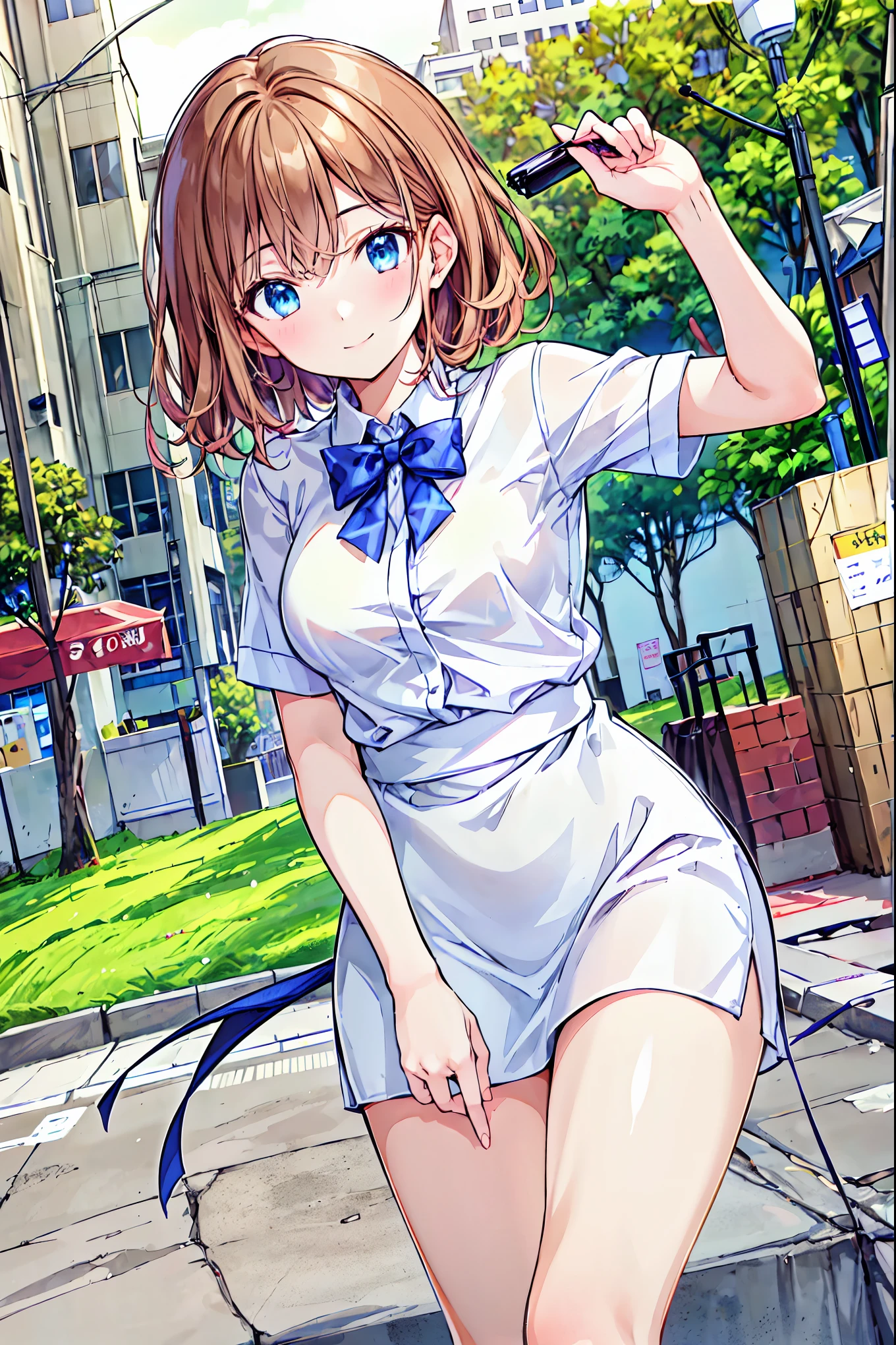 ((masterpiece, Highest)), (One Girl), ( mature woman), Brown Hair, Exposing breasts， white shirt, Lying, (Office lady), bangs, Small breasts, slim, smile, [Wide Hips], Office,  standing,  ok   (Blue File), 8K quality, Sexy seduction，((Highest品質)), ( very detailed), (High Resolution CG Synthesis 8K Wallpaper), 高いly detailed, 高い-definition raw color photos,  Professional photos , (((Bokeh))),  depth of boundary described,Beautiful legs