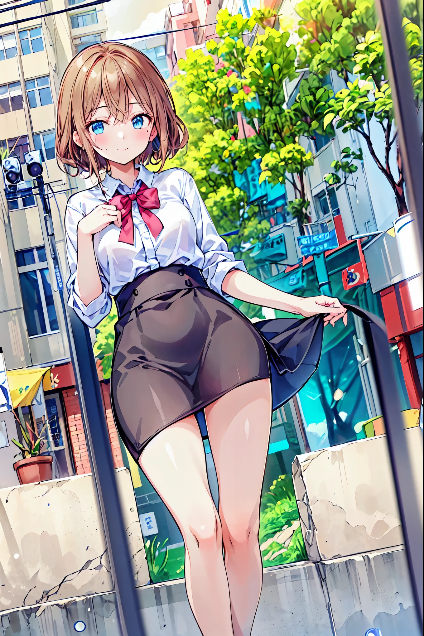 ((top-quality、8K、​masterpiece:1.3))、女の子1人、In a town where many people walk、Slender Abs、sofas、hyperdetailed face、A detailed eye、二重まぶた、very Bigger breasts、large full breasts、Colossal tits、Neat and clean schoolgirl、short-hair、Straight bob hair、Shorthair with bangs、A smile、Schoolgirl Uniform、Female genitalia visible from skirt、An 18-year-old woman、Sheer white shirt、Unbutton and unfold the shirt、Exposing breasts、Navy blue ribbon at the collar、Dark blue pleated micro mini、Sexy、Peek at the viewer、Beautiful graphics、Bright school building with strong sunlight、Show me your whole body、Beautiful legs、fully body photo、is standing、No bra、teats see through、、、Detailed female genital shapes、Black pantyhose、(Facing the front)(((Blushing cheeks、embarassed expression)),(((The skirt is rolled up by the wind)))、Showing female genitalia、、depth of fields、Bokeh in the background、Please choose one&#39;skirt in the crowd、penetrate the male genitals