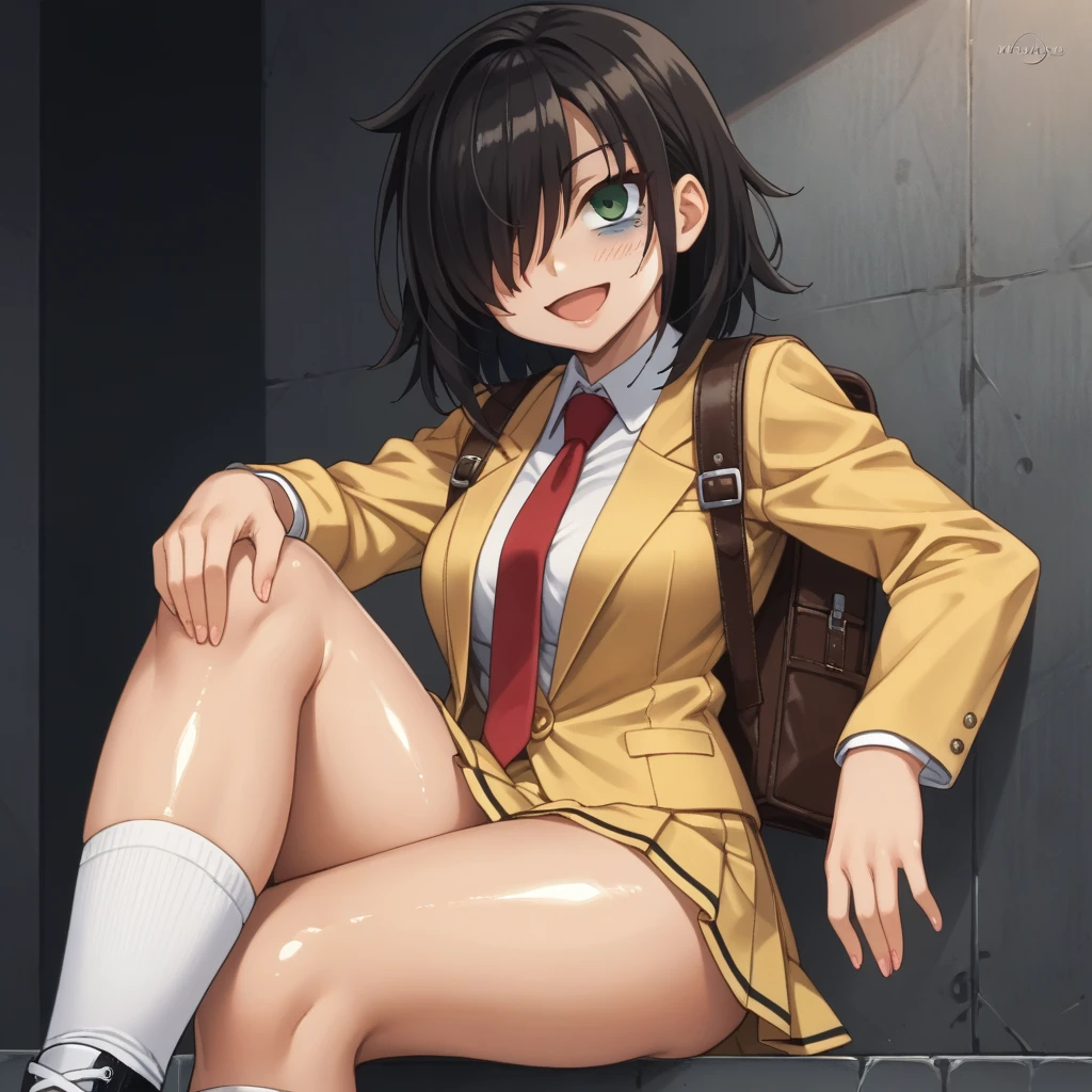 score_9, score_8_up, score_7_up,, solo, source_anime, tomokoxl, bags under eyes, hair over one eye black hair, medium hair, school uniform, red necktie, yellow skirt, short skirt, pleated skirt, yellow jacket, standing, cowboy shot, sitting, crossed legs, thick thighs, shiny skin, focus in crossed legs, underwear, white underwear, shiny underwear, lace underwear, white lace underwear, shiny lace underwear, panties, white panties, shiny panties, only crossed legs pose, sexy crossed legs, perfect crossed legs, sexy legs, big thighs, oiled thighs, oiled legs, smile, open mouth, glowing green eyes, evening time, dark room, breast, big breast, sheer socks, white sheer socks, knee socks, white knee socks, sheer knee socks, converse, chuck taylor converse, black converse, backpack, leather backpack, brown backpack, focus in crossed legs, focus in legs, blushing,