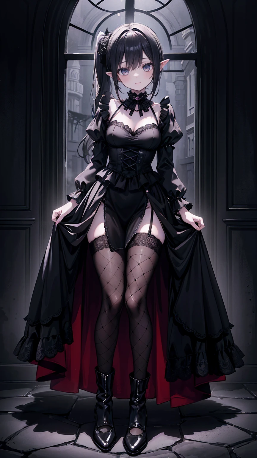 （Dark atmosphere， gothic fashion，Vibrant colors），（Best Quality，Superb product，），Sexy gothic elf girl ，Night in the Rose Garden， beautiful and delicate eyes ， Straight black ponytail with blue hints ，Crow Feather，Red lipstick，mysterious smile，Pale skin， fishnet stockings ，Black lace dress，Pointed toe boots， Mysterious Atmosphere ， moonlight illuminates her graceful silhouette，Soft shadows and soft highlights， contrasting colors create a vibrant vibe ，  Dark and moody color palettes ， Subtle yet dramatic lighting effects ， Sublime darkness intertwines with exquisite moonlight 