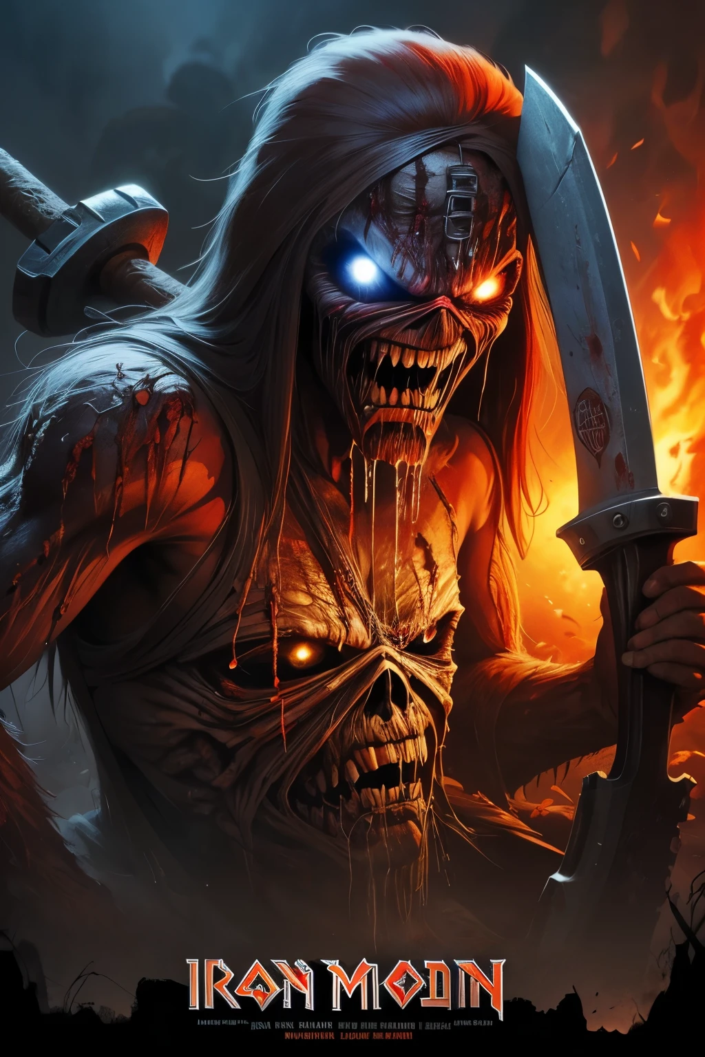 a close up of a person holding a bloody ax in a city, 1 9 8 0's heavy metal album art, iron maiden, Eddie , iron maiden album cover, cheesy iron maiden motifs, metal album cover art, thrash metal, heavy metal artwork, maiden, heavy metal art style, hd wallpaper, butcher angry rotting zombie, by Ignacio Zuloaga