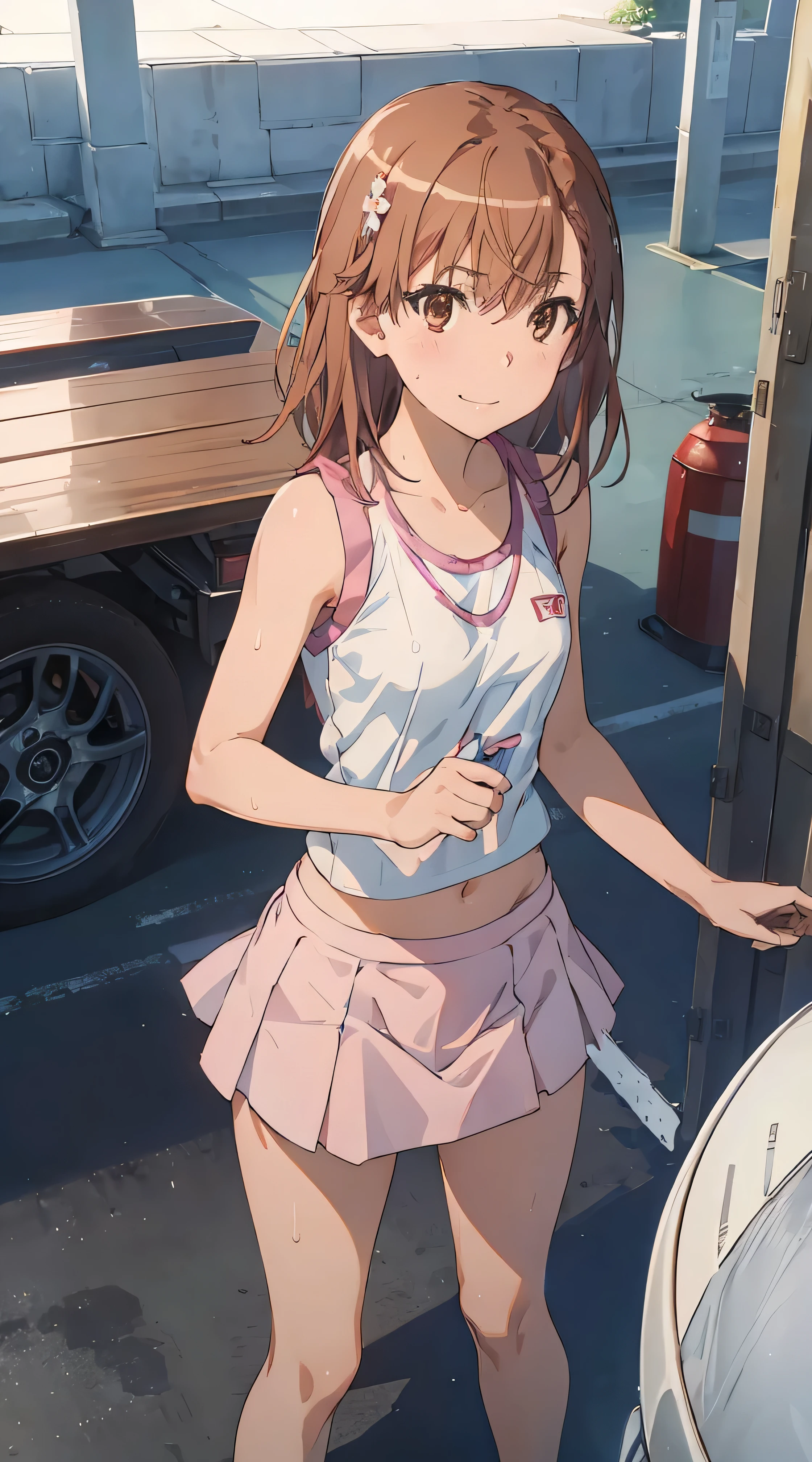 Follow Us, food yuuki, (brown eyes:1.5), brown hair, hair ornaments, hair Scrunchie, long hair, pink Scrunchie, Scrunchie, (flat chest:1.2),happy smile, smile, open your mouth,Open black short-sleeved jacket,white tank top shirt,Belly button soup,shorts,barefoot,sneakers,noon,the sun's,
break indoors, In town,building street,
break looking at viewer, (cowboy shot:1.5),
break (masterpiece:1.2), highest quality, High resolution, unity 8k wallpaper, (figure:0.8), (detailed and beautiful eyes:1.6), highly detailed face, perfect lighting, Very detailed CG, (perfect hands, perfect anatomy),