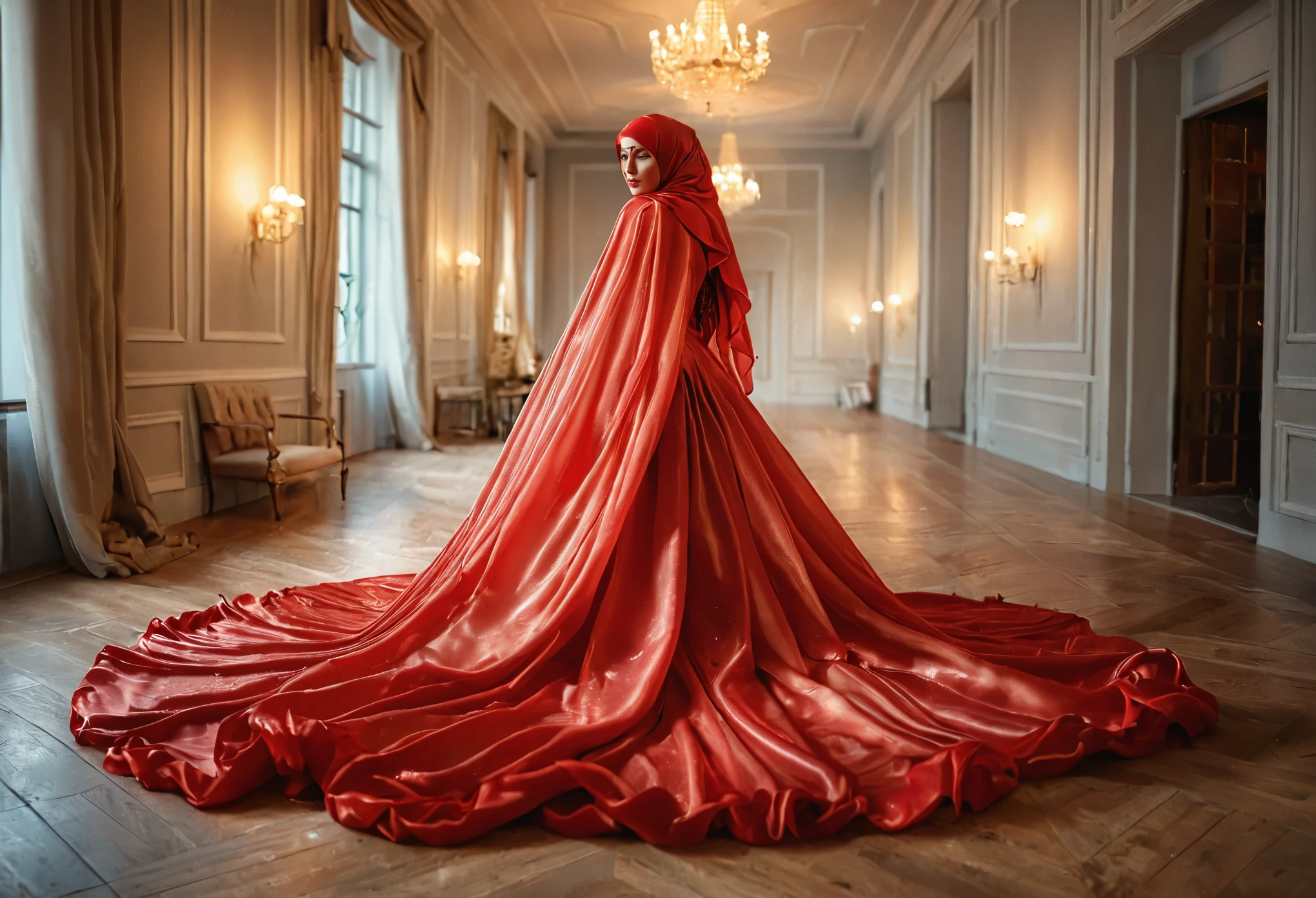 woman shrouded in a 10-meter-long, plush semi transparent red satin shimmer cloth, tightly bound and grandly draping along the form of her body, flowing off into a pooled floor-length train, styled in a mermaid-inspired outfit, her head modestly veiled in a satin hijab,walk in, a full-body pose conveying a sense of mysterious elegance, captured in a 4k resolution, ultra-realistic, (best quality,4k,8k,highres,masterpiece:1.2),ultra-detailed,(realistic,photorealistic,photo-realistic:1.37),HDR,UHD,studio lighting,ultra-fine painting,sharp focus,physically-based rendering,extreme detail description,professional,vivid colors,bokeh,portraits,fantasy,cinematic lighting
