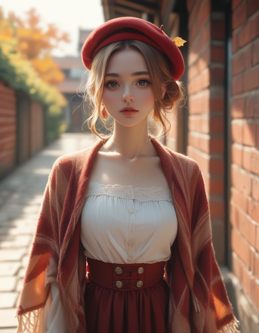 (high resolution,,portrait)（Red Brick Warehouse）1girl(( little female ) （Beret、 Cotton Country Dress、Autumn Long Skirt 、shawl））