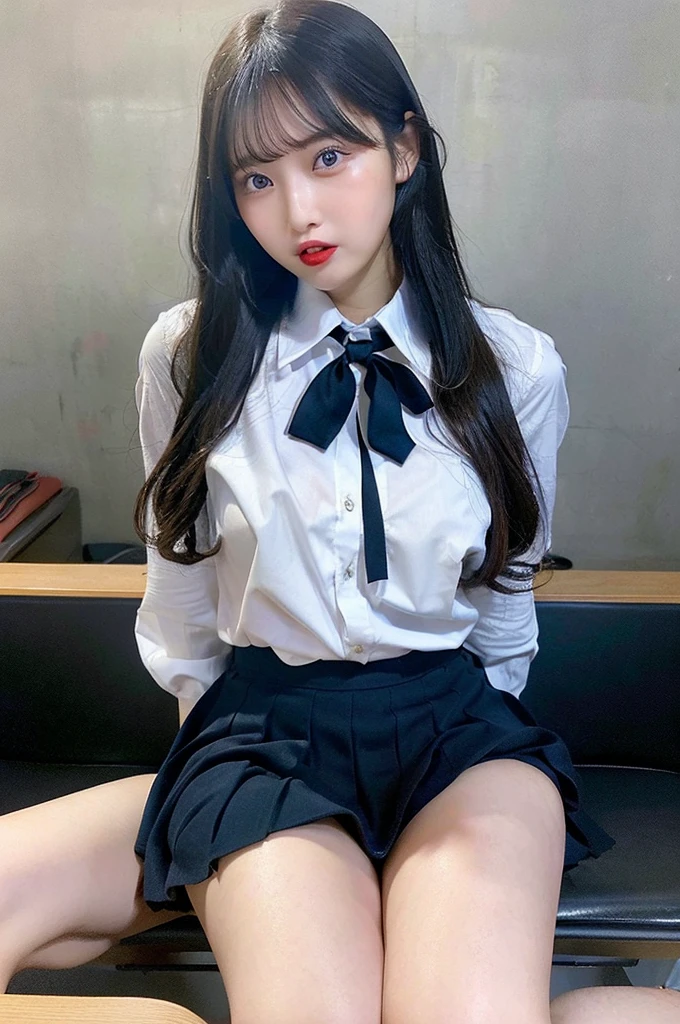 ((Top quality, 8k, Masterpiece: 1.3)), beauty, hidden face, 1 girl, beauty: 1.3, slender abs: 1.1, Japanese high school uniform, white shirt, full, plaid short skirt, bow tie, over-the-knee socks, long black hair, (kneeling on the bed), ultra-detailed face, highly detailed lips, detailed eyes, double eyelids, strict head and body ratio: 1.5,