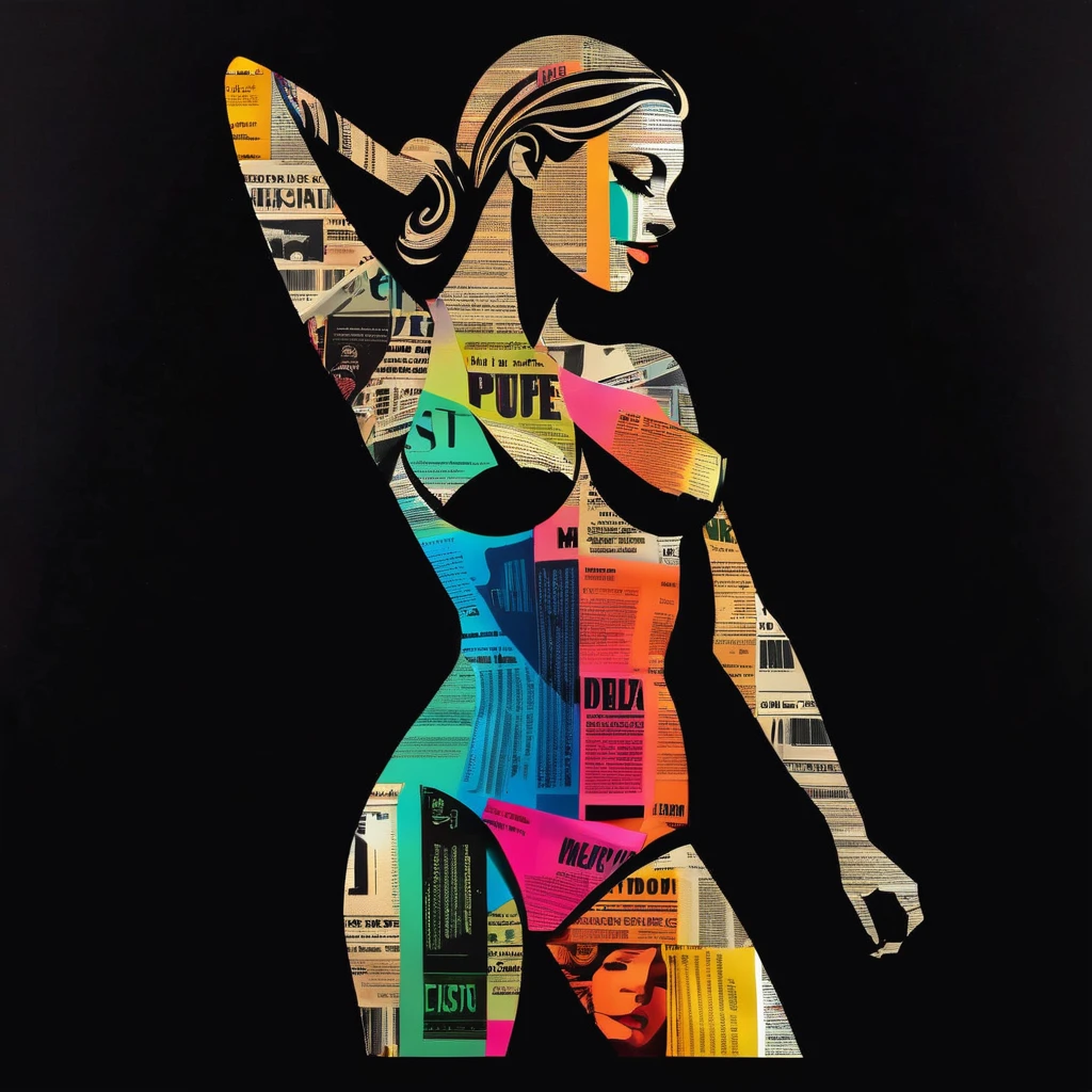 Negative Space Art, Optical Art. artistic graphic design, Black Background, Negative space in female body shape, Negative space is Psychedelic collage of newspaper articles in Iridescent neon colors.