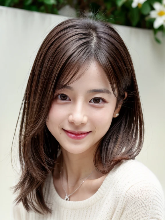 (Highly realistic photos, High resolution, detailed face, fine eyes), Taken in front of a white wall、Japanese woman, 30 years old, Variety of facial expressions, alone:1, slim figure, different hairstyles, casual clothes, Alone in a photo、long sleeve dress、Shot in natural light、simple necklace、Spring clothes、Don't look at the camera、profile、Dark brown hair color, (Medium shot). (eyes to camera, smile warmly), 8k