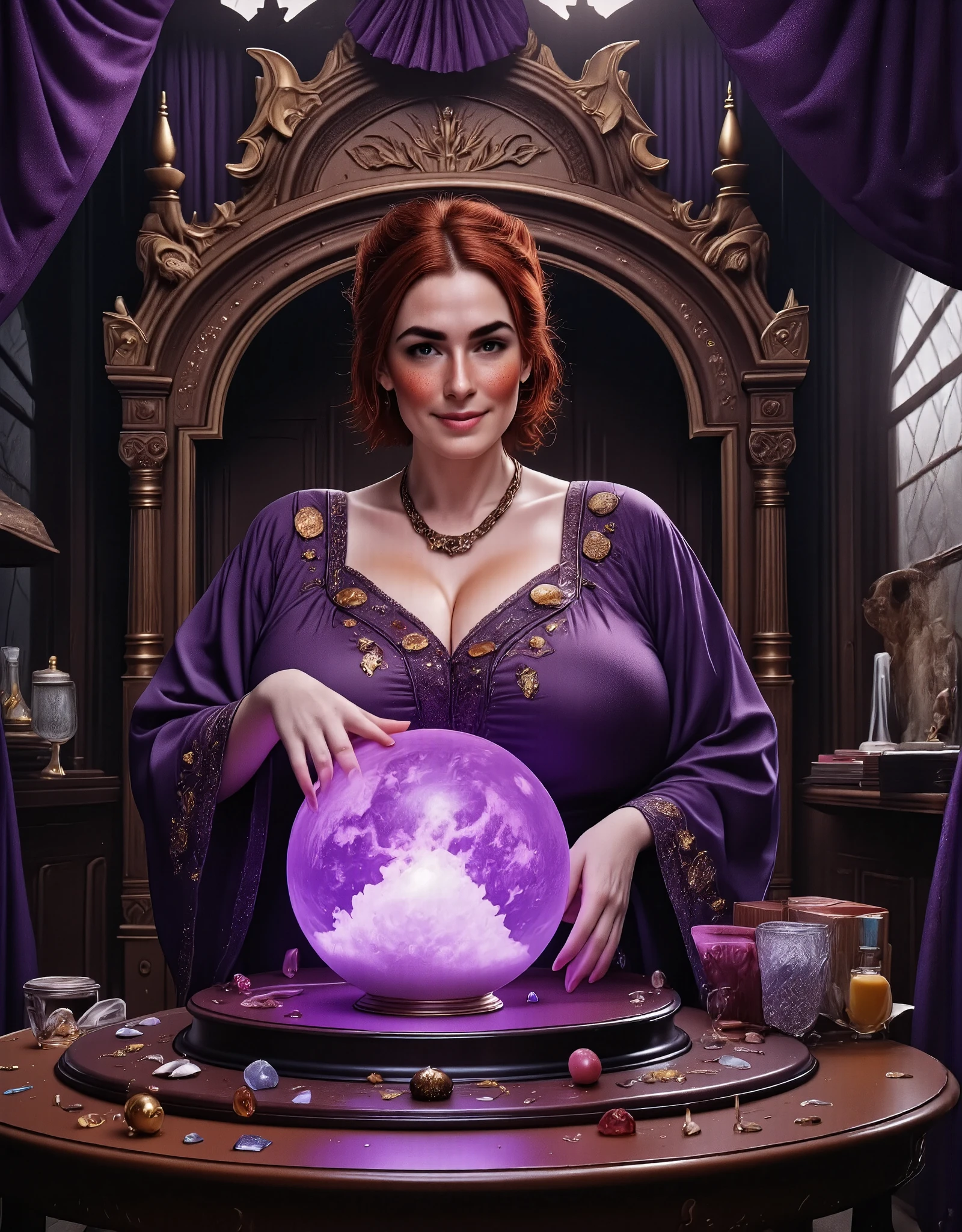 Photorealistic, cinematic style, picture of a beautiful British woman sitting in a fortune-tellers carnival wagon. Small space, no windows. She has a crystal ball on the table in front of her, and she's hovering her hand over it. (Dynamic pose: 1.5), (she is smiling). She has Brown eyes, downturned eye shape, light skin and freckles, reddish-brown hair, ponytail hairstyle .  She's wearing a purple robes with arcane symbols. In the background purple velvet curtains and tapestries. Dark, candlelight. Crystal ball on a round table, violet light emanating from the ball. ((Theme colour is purple)). perfect hand,HDR, intricate details ,