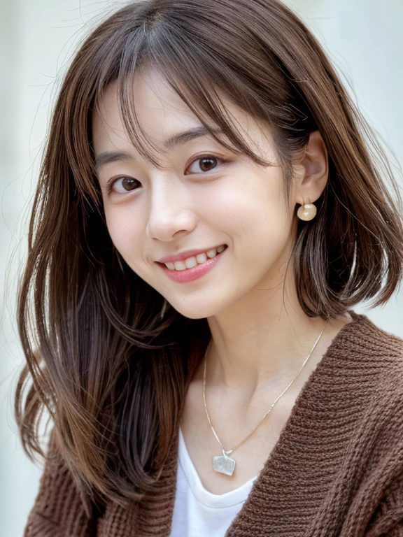 (Highly realistic photos, High resolution, detailed face, fine eyes), Taken in front of a white wall、Japanese woman, 30 years old, Variety of facial expressions, alone:1, slim figure, different hairstyles, casual clothes, Alone in a photo、long sleeve dress、Shot in natural light、simple necklace、Spring clothes、Don't look at the camera、profile、Dark brown hair color, (Medium shot). (eyes to camera, smile warmly), 8k