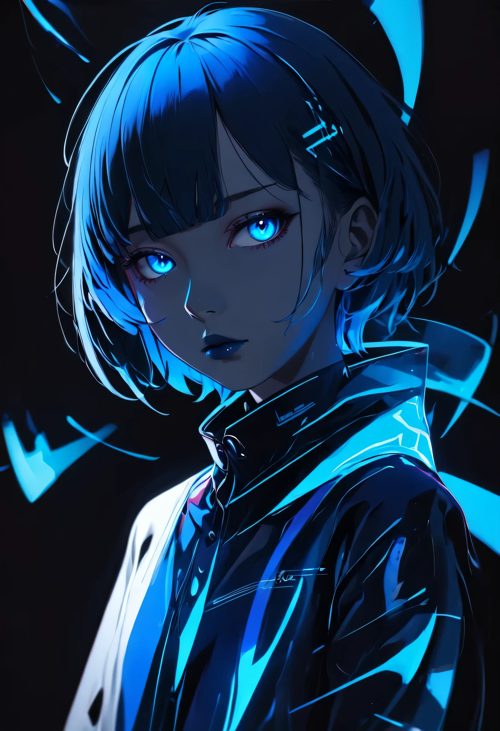 anime girl with blue hair and blue eyes in a black background, a character portrait by Ilya Kuvshinov, trending on pixiv, shin hanga, sayori, kuvshinov ilya, ilya kuvshinov face, girl with blue hair, illya kuvshinov, blue aura, kuvshinov, with blue skin