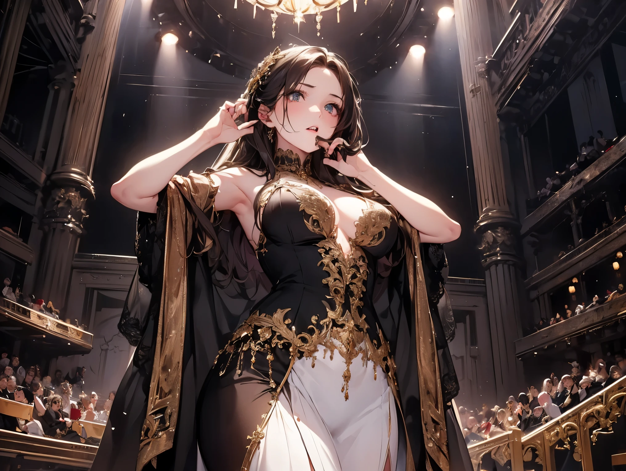 ((best quality)), ((masterpiece)), (detailed), perfect face, detailed eyes, (best quality), (detailed skin:1.3), (intricate details), bust chart, A female opera singer on stage at a grand opera house, wearing an elegant, floor-length gown with intricate detailing. She has a powerful and expressive stance, with one hand raised as she sings. The background features an ornate stage with golden decorations, velvet curtains, and chandeliers hanging from the ceiling. The opera house is filled with rows of red velvet seats and a captivated audience. The lighting is dramatic, casting a soft spotlight on the singer, highlighting her emotion and intensity during her performance