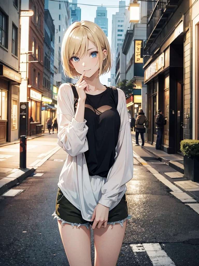 アイスWallenstein, Wallenstein, blonde, Hair between the eyes, hair band, Long Hair, (Yellow Eyes:1.5),happy smile, smile, Shut your mouth.,smile,blush,Bare neck,Heart Necklace,Oversized blue one-shoulder shirt,Short sleeve,Skinny jeans,Stiletto heels,whole bodyがイラストに入るように,Walking,Daytime,Clear skies, break looking at viewer,whole body, (Cowboy Shot:1. 5) break outdoors,Building district, break (masterpiece:1.2), Highest quality, High resolution, unity 8k wallpaper, (shape:0.8), (Beautiful and beautiful eyes:1.6), Highly detailed face, Perfect lighting, Extremely detailed CG, (Perfect hands, Perfect Anatomy),