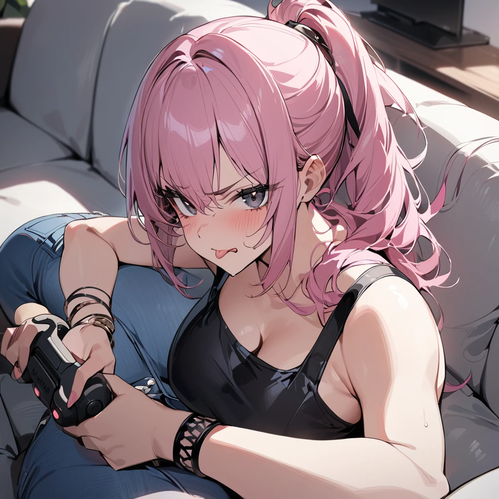 Highly detailed, High Quality, Masterpiece, beautiful, ApuMeme, 1girl, solo, pink hair, red eyes, twin tails, white tank top, shorts, short shorts, black shorts, lying, tears, on stomach, food, spill, crying, shadow, tearing up, on floor, cup, french fries, tray, fit body, 25 years old woman, looking at viewer, big breasts, sobbing