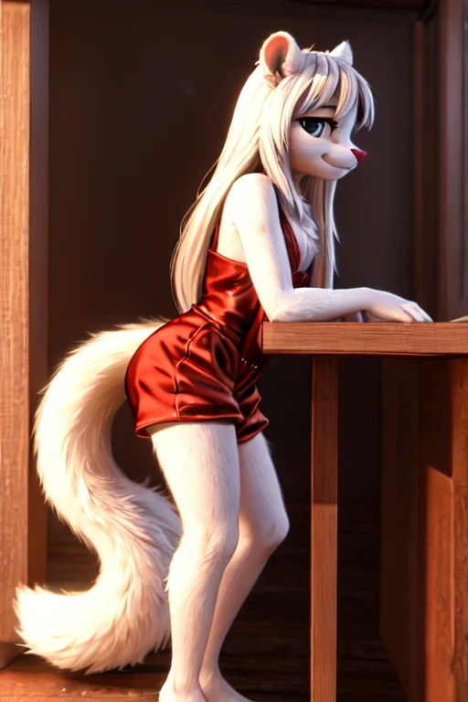 mink, sexy body, slim body, feminine, young, fluffy, Detailed fur, Cute, smile, furry, anthro, fur detailing, 3d, light erotica, Model, (flat chest, chest fluff, chest covered by fur), long hair, long tail, wearing a red silk romper, side view, sitting on a wooden chair, leaning forward