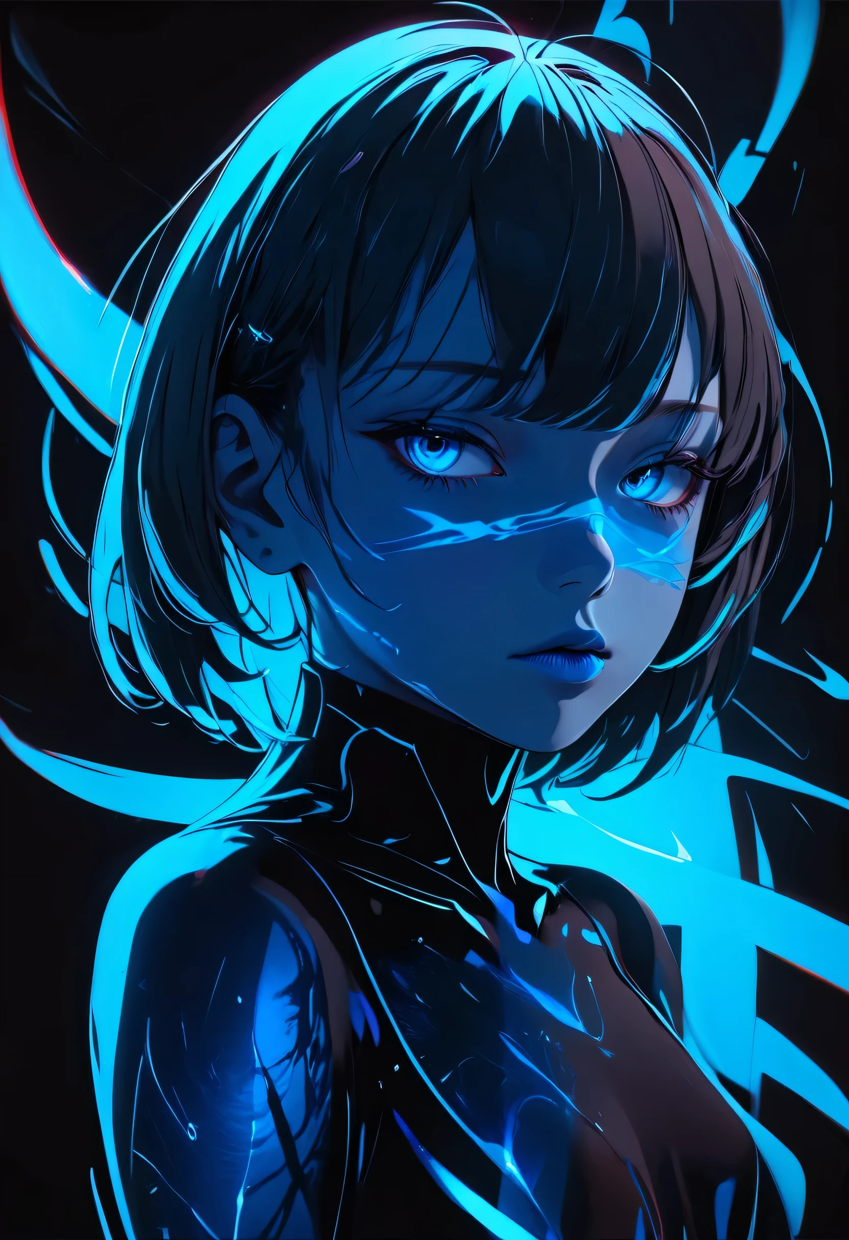 anime girl with blue hair and blue eyes in a black background, a character portrait by Ilya Kuvshinov, trending on pixiv, shin hanga, sayori, kuvshinov ilya, ilya kuvshinov face, girl with blue hair, illya kuvshinov, blue aura, kuvshinov, with blue skin