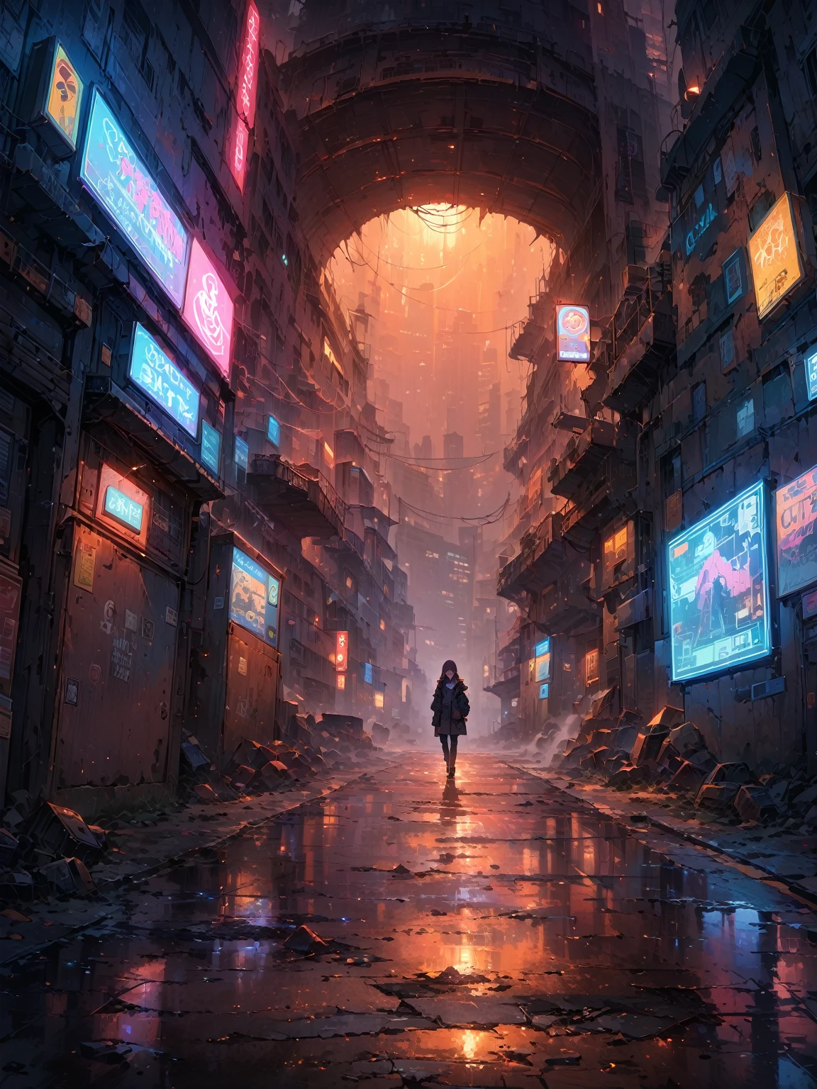 giving her a blend of contemporary and post-apocalyptic style, 
dynamic angles, 

(Underground World:1.3), A dystopian underground city resembling a collapsed Tokyo, with crumbling buildings, old machinery, and neon signs flickering in the background, The streets are covered in fog, dim blue lighting casting eerie shadows, and mysterious pathways leading into the darkness, 

(the gritty atmosphere), detailed textures, and cyberpunk elements create a haunting yet intriguing scene, 
(masterpiece, best quality, very aesthetic, absurdres), (8k, RAW photo, best quality), (extremely detailed 8k wallpaper),