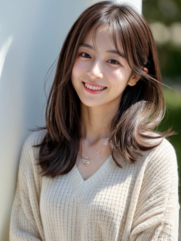 (Highly realistic photos, High resolution, detailed face, fine eyes), Taken in front of a white wall、Japanese woman, 30 years old, Variety of facial expressions, alone:1, slim figure, different hairstyles, casual clothes, Alone in a photo、long sleeve dress、Shot in natural light、simple necklace、Spring clothes、Don't look at the camera、profile、Dark brown hair color, (Medium shot). (eyes to camera, smile warmly), 8k