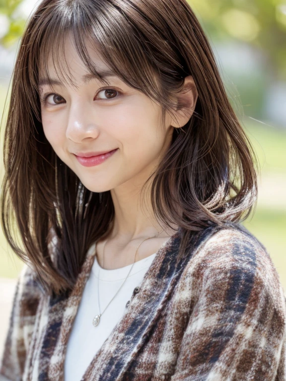 (Highly realistic photos, High resolution, detailed face, fine eyes), Taken in front of a white wall、Japanese woman, 30 years old, Variety of facial expressions, alone:1, slim figure, different hairstyles, casual clothes, Alone in a photo、long sleeve dress、Shot in natural light、simple necklace、Spring clothes、Don't look at the camera、profile、Dark brown hair color, (Half body). (eyes to camera, smile warmly), 8k