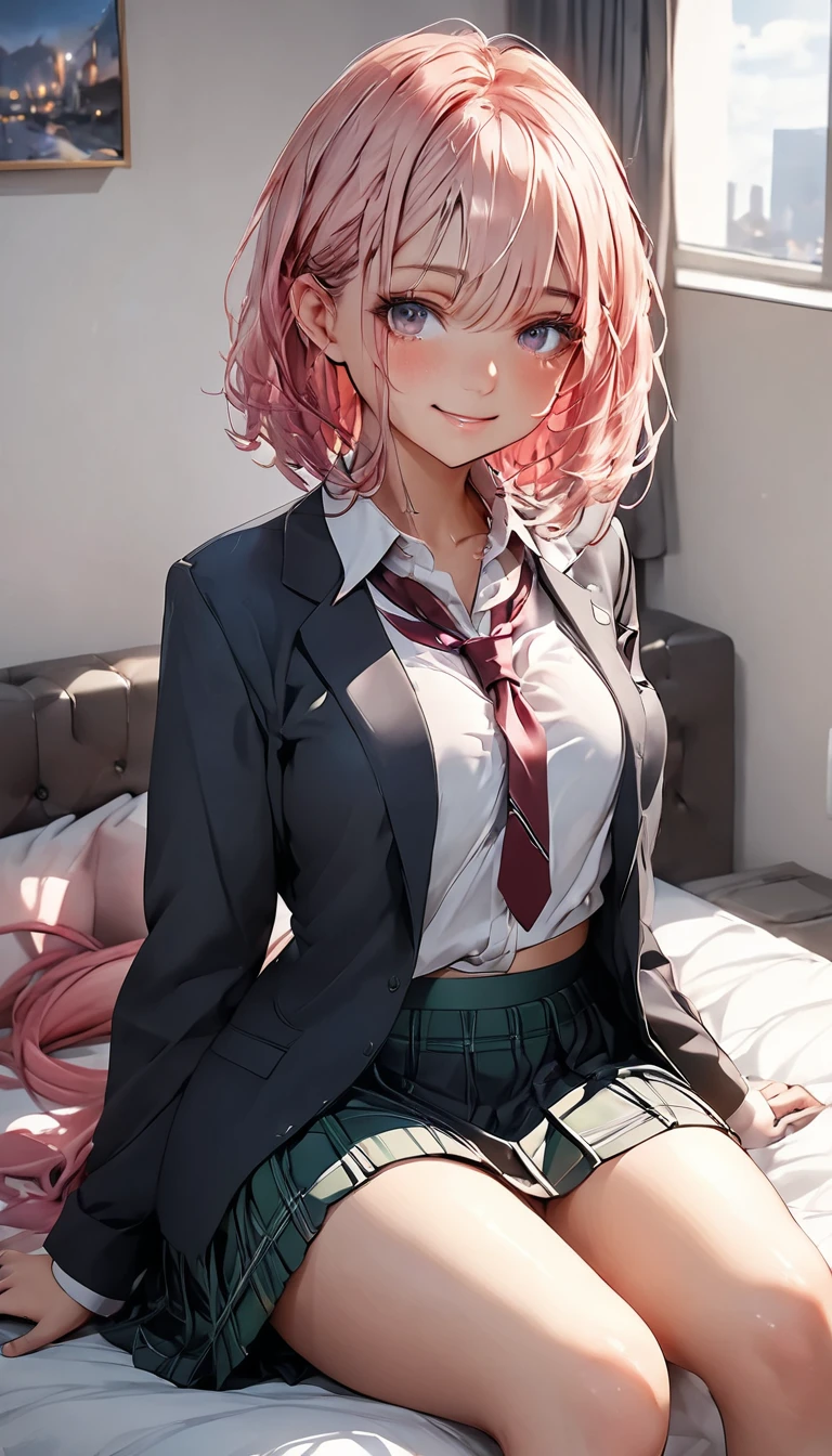 One lady，{Best quality}, {ultra - detailed}, {very detailed illustration}, Top image quality，Pink hair, Aimei, embarrassed from，nedium breasts，Red blush，black necktie，{suspender skirt}，Suspenders，Nurse's uniform，on the floor on all fourustup}，front-facing view,get spanking