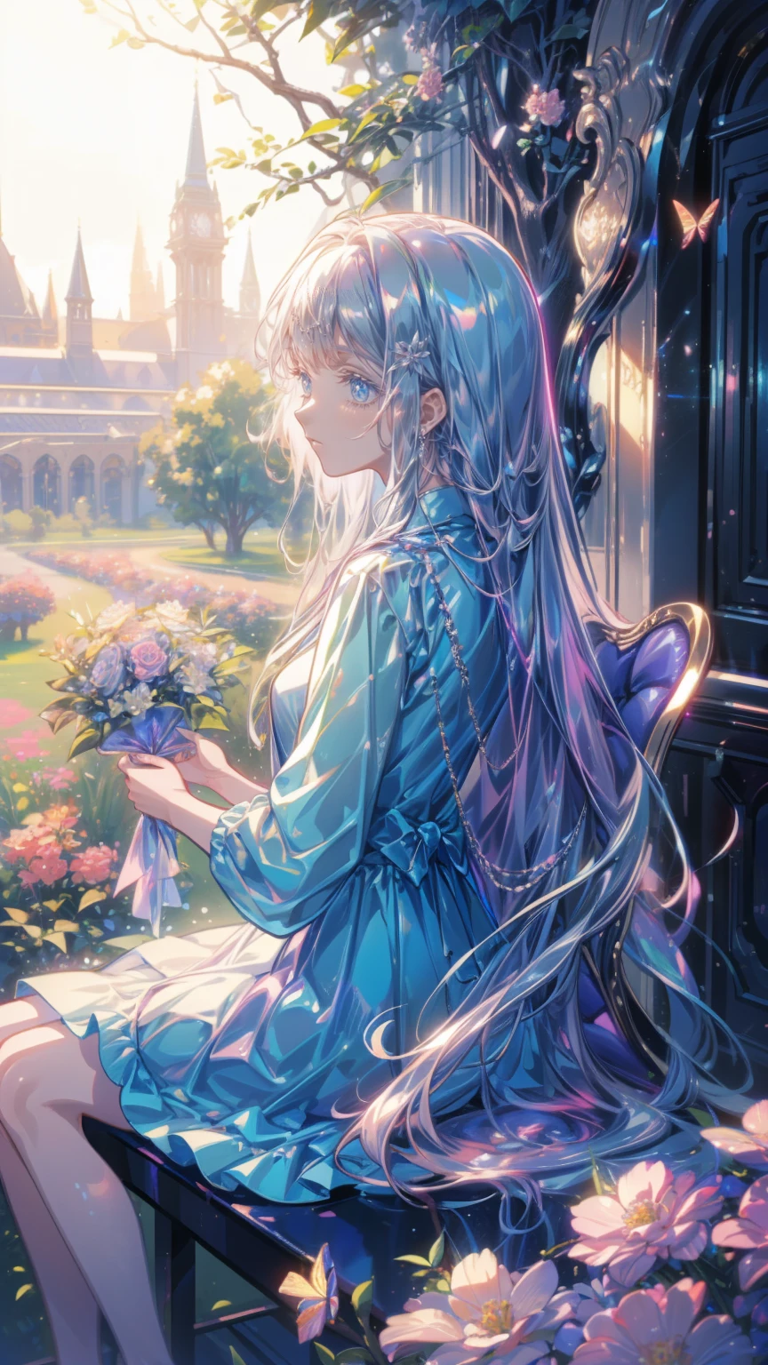 (masterpiece: 1.2), (  very detailed: 1.2), (  very detailed CG: 1.2), ( High image quality : 1.2), (最 High image quality ), 8k,   anime illustration,   girl sitting in a field of flowers , butterfly with a slightly sad expression 々々View、((There&#39;Butterflies on my fingers 々 々))、Butterflies fluttering々dance、Beautiful work
