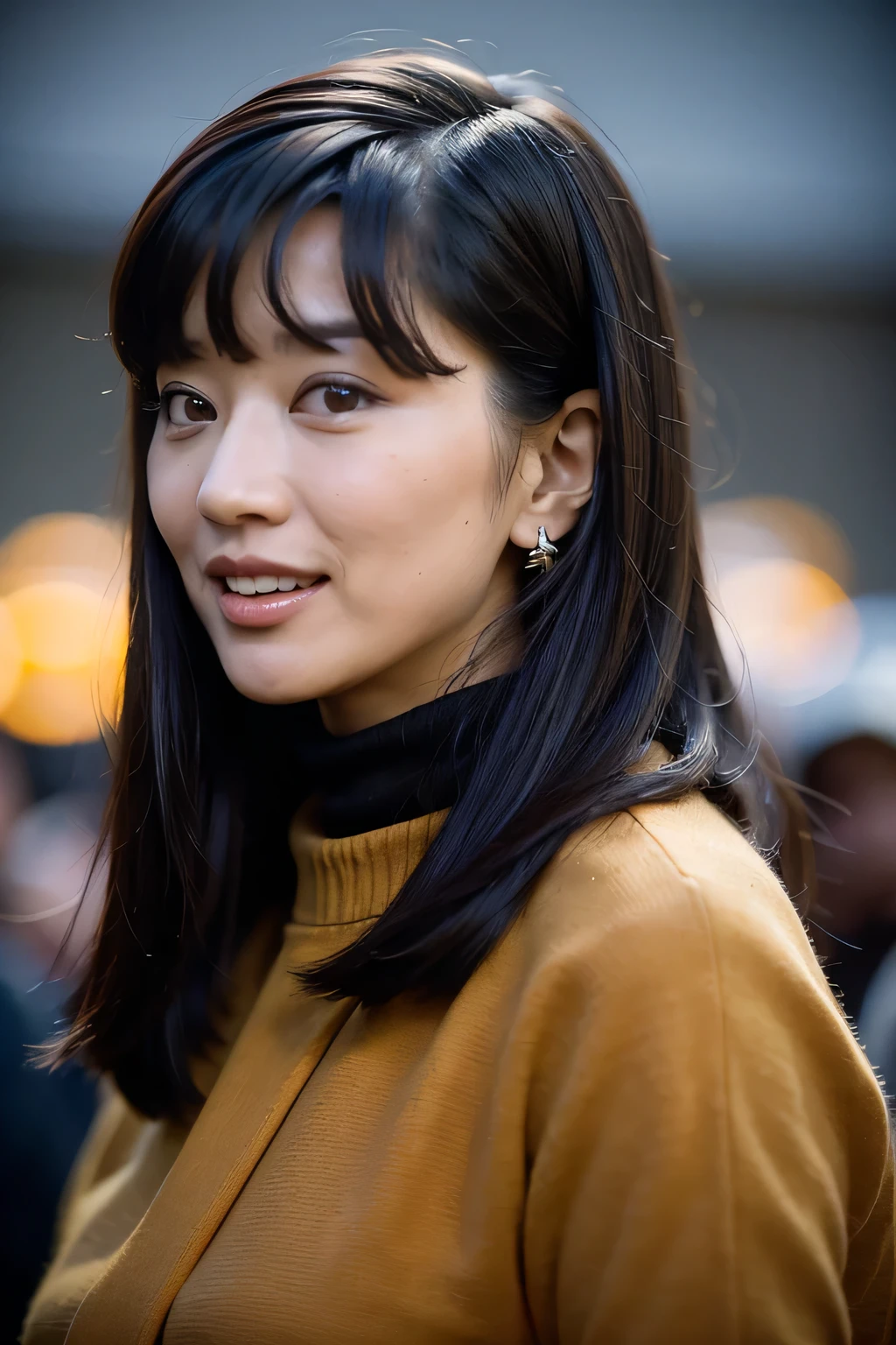 ((( background is a night view of Ginza 、強いbokeh)))、(((smile、LOL、happiness)))、(masterpiece, Best Quality:1.2), 1 girl, Alone、 a woman wearing a long black coat  、long eyelashes、Eyeliner、Eyeliner、Eyeshadow、((( a nightscape of Ginza with a shallow depth of field、night、dark)))、(masterpiece, Best Quality:1.2), Detailed face、 very beautiful woman wearing a tight turtleneck sweater underneath her coat. . (((Dark background of the night、 Extremely Sharp Focus 、Sharp cutting edge)))、 beautiful pictures of coats and sweaters , Japanese adult women as porn movie stars , Movie Premier Gala, Dark and gloomy atmosphere (masterpiece:1.2) Tokyo night view in the background、 (Realistic:1.2) (bokeh) (Best Quality) (detailed skin:1.2) ( intricate detail) (At night) (8k) ( High Resolution ) (Cinema Lighting) (Sharp focus), (( close-up portrait:1.2)), (Earrings), Avert your eyes ,(nature_skin,realskin:1.5), black_eye, low_Shot from an angle,