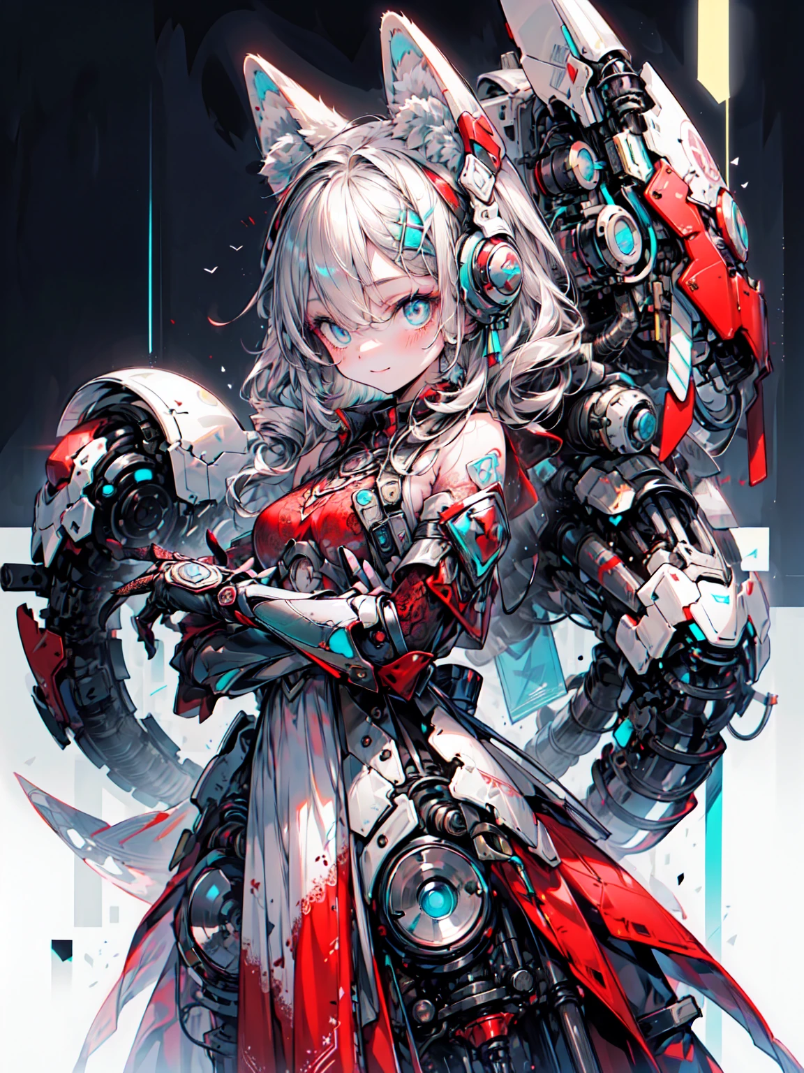 masterpiece,   very detailed,  High Resolution ,  Japanese Anime, One Girl, blonde, (Medium length hair:1.4),  side blade, Curly Hair, Wavy Hair, Drill Hair, Wrap your hair outward , mechanical wing, (blue eyes:1.5), ( beautiful details:1.4), smile, : 130 cm,   Original Characters ,  Fantasy , (  black background :1.2), (whole body:1.8),  standing, ( red cyan lace frill armor dress:1.5), (Mechanical Headgear 1.5) ,   frontal shot ,  viewers、Blake、（Dark Elf), (1 girl), Alone,  perfect face, Get used to it, Ahoge, ((Long Hair:1.2)), ( hair above one eye:1.3), [[Messy Hair]], 光沢のあるblonde,  purple eyes, Spotted Eyes, Colorful Hair, Sparkling Eyes, (eyelash,  eyeshadow, pink  eyeshadow), bright, smile, Design Art：Haruhiko Mikimoto, Kawasaki, Yoshitaka/Amano 