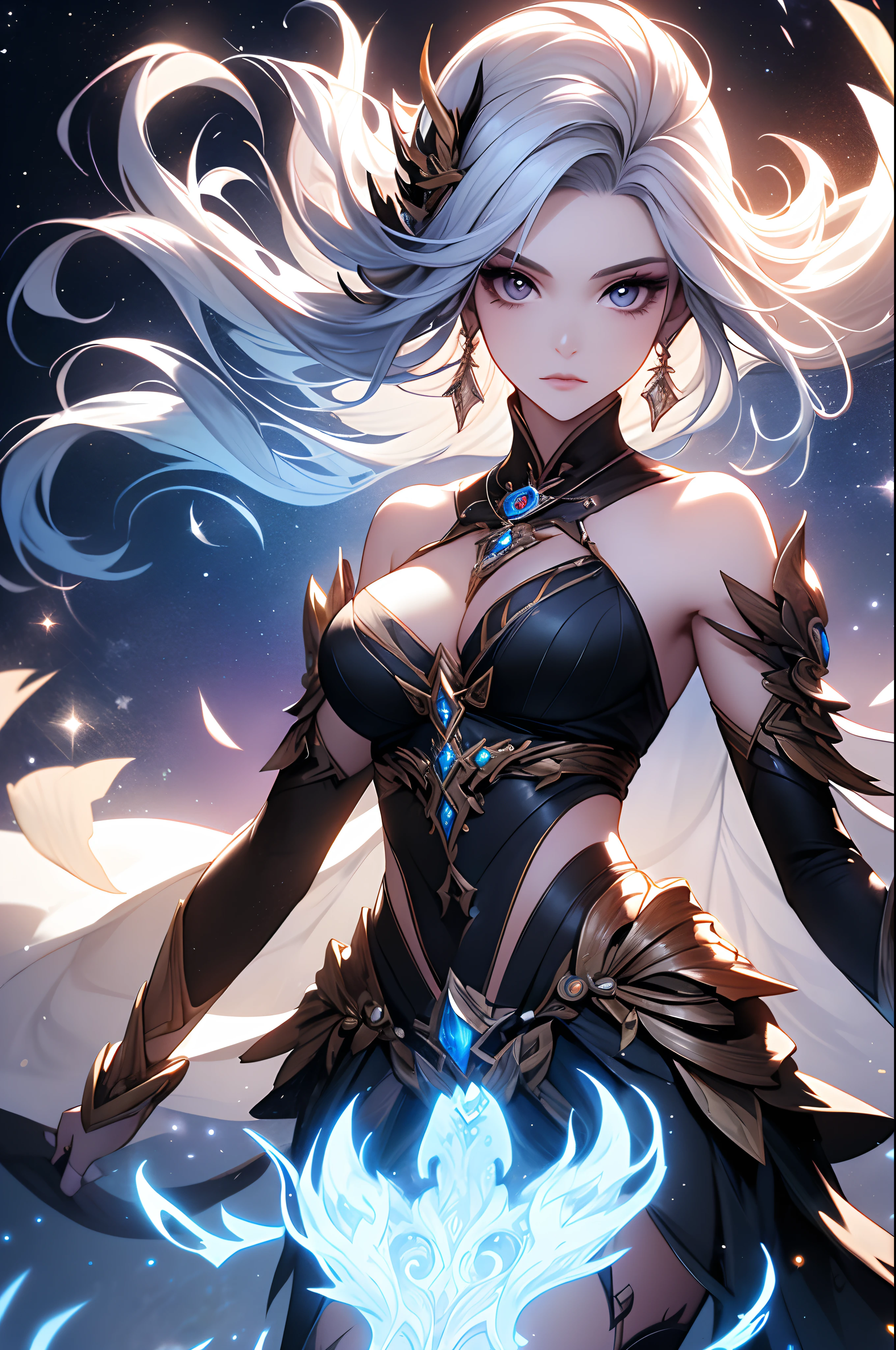 Female god of the moon, blue, black, white, high-quality, hot, bushing, with nice hands, anime