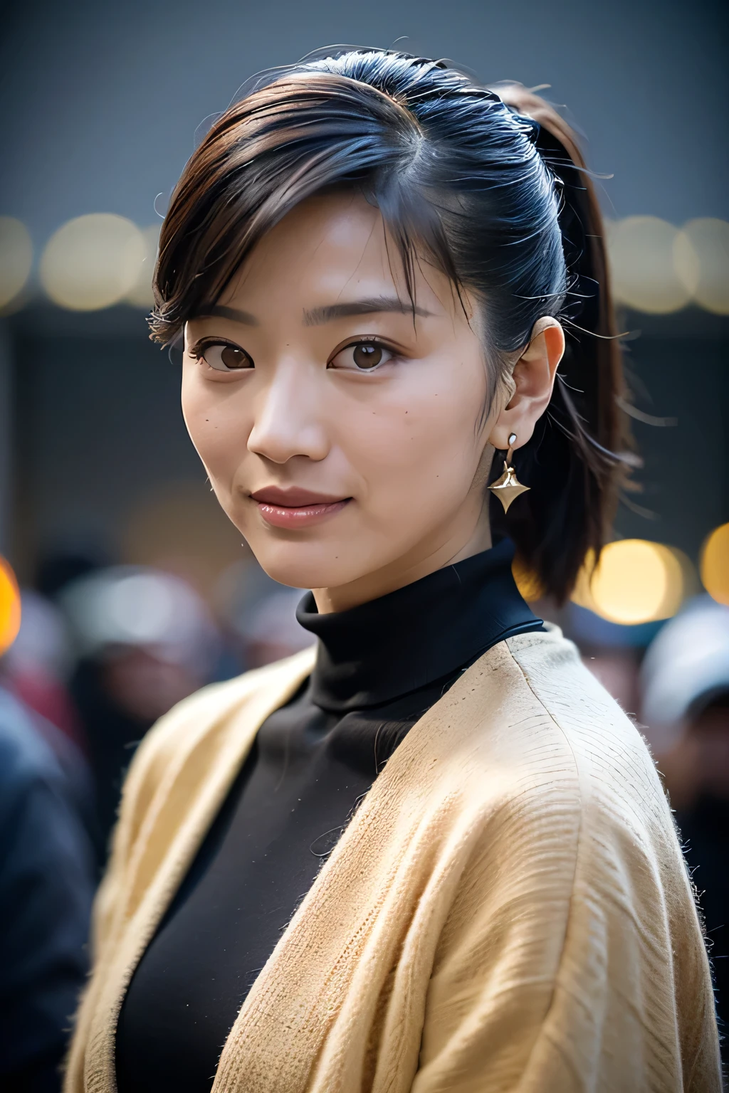 ((( background is a night view of Ginza 、強いbokeh)))、(((smile、LOL、happiness)))、(masterpiece, Best Quality:1.2), 1 girl, Alone、 a woman wearing a long black coat  、long eyelashes、Eyeliner、Eyeliner、Eyeshadow、((( a nightscape of Ginza with a shallow depth of field、night、dark)))、(masterpiece, Best Quality:1.2), Detailed face、 very beautiful woman wearing a tight turtleneck sweater underneath her coat. . (((Dark background of the night、 Extremely Sharp Focus 、Sharp cutting edge)))、 beautiful pictures of coats and sweaters , Japanese adult women as porn movie stars , Movie Premier Gala, Dark and gloomy atmosphere (masterpiece:1.2) Tokyo night view in the background、 (Realistic:1.2) (bokeh) (Best Quality) (detailed skin:1.2) ( intricate detail) (At night) (8k) ( High Resolution ) (Cinema Lighting) (Sharp focus), (( close-up portrait:1.2)), (Earrings), Avert your eyes ,(nature_skin,realskin:1.5), black_eye, low_Shot from an angle,