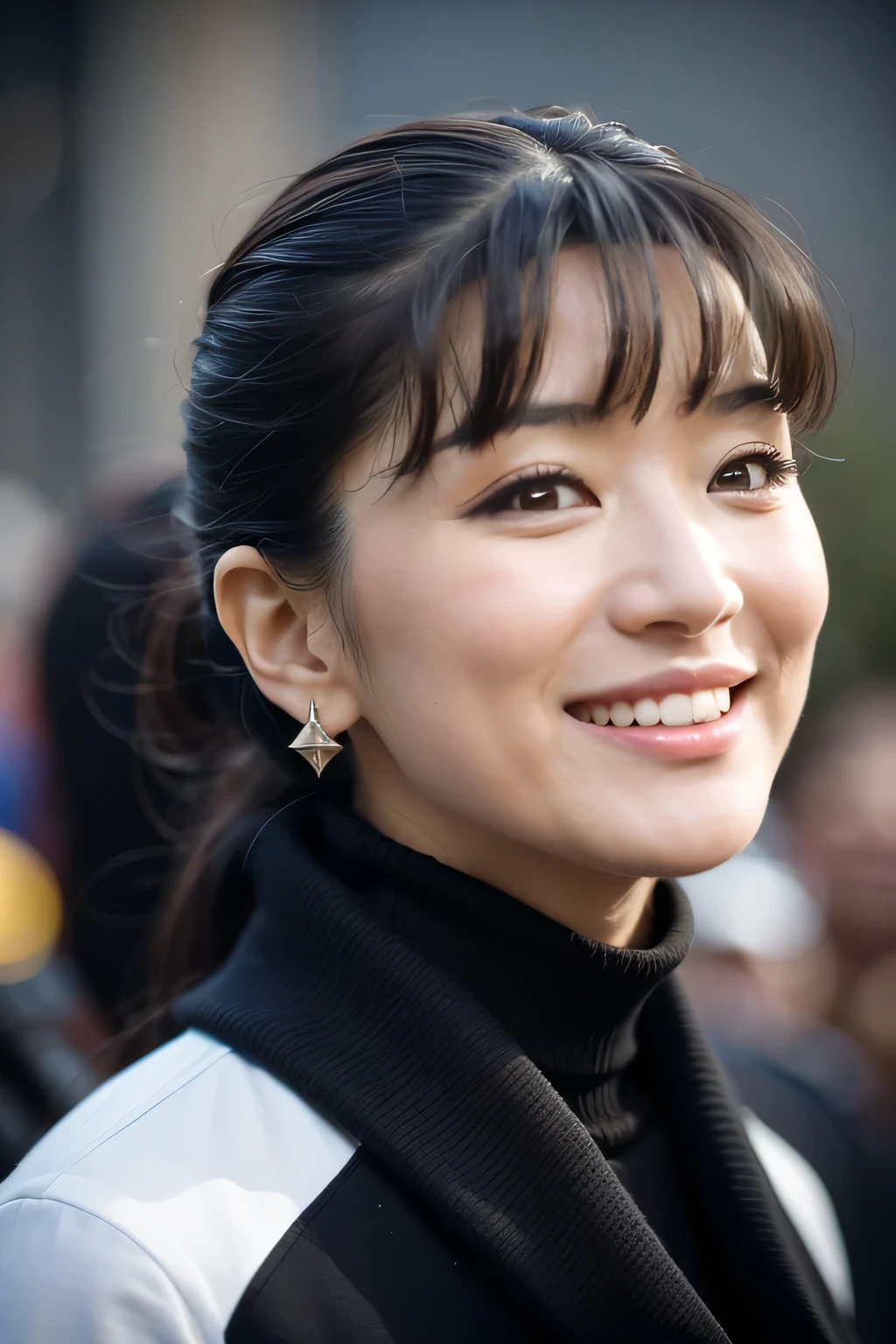 ((( background is a night view of Ginza 、強いbokeh)))、(((smile、LOL、happiness)))、(masterpiece, Best Quality:1.2), 1 girl, Alone、 a woman wearing a long black coat  、long eyelashes、Eyeliner、Eyeliner、Eyeshadow、((( a nightscape of Ginza with a shallow depth of field、night、dark)))、(masterpiece, Best Quality:1.2), Detailed face、 very beautiful woman wearing a tight turtleneck sweater underneath her coat. . (((Dark background of the night、 Extremely Sharp Focus 、Sharp cutting edge)))、 beautiful pictures of coats and sweaters , Japanese adult women as porn movie stars , Movie Premier Gala, Dark and gloomy atmosphere (masterpiece:1.2) Tokyo night view in the background、 (Realistic:1.2) (bokeh) (Best Quality) (detailed skin:1.2) ( intricate detail) (At night) (8k) ( High Resolution ) (Cinema Lighting) (Sharp focus), (( close-up portrait:1.2)), (Earrings), Avert your eyes ,(nature_skin,realskin:1.5), black_eye, low_Shot from an angle,