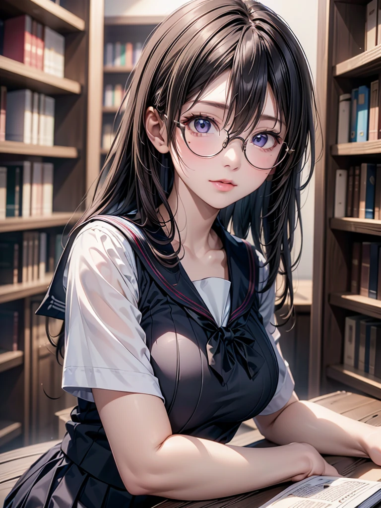 ((masterpiece,Highest quality;1.3,best illustration,realistic)),Looking up at the viewer、1woman、独奏,22 year old beauty,((very small head:1.1)),center parted bangs,forehead,black hair,long hair,black eyes,gorgeous eyes,Black-rimmed glasses、tears,shy,shock、medium breasts,((very long body)),((toned body,slender body,skinny)),gleaming skin,shiny skin,oily skin,(oversized blue cardigan,Dark blue pleated mini skirt)、White tank top、kneeling,incontinence、peeing,library、Tokyo、