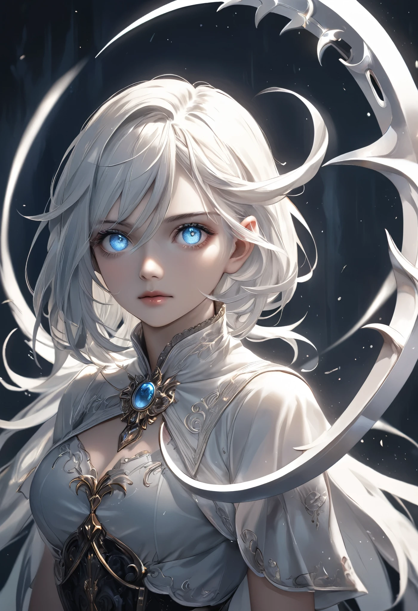 masterpiece, best quality, ultra-detailed, a fierce white-haired woman standing with a large scythe, her long flowing hair swirling around her as if caught in a gust of wind, her eye is covered by an eyepatch, adding to her intimidating presence, her outfit is a dark, gothic dress adorned with intricate patterns and skull motifs, she holds the scythe with both hands, the blade gleaming with a cold, deadly shine, her other hand emits blue flames that swirl around her arm, as if feeding off her dark energy, her expression is calm yet menacing, a slight smirk hinting at her confidence in battle, behind her, shadowy tendrils and demonic wings emerge from the darkness, creating an ominous and ethereal background, the dark environment is illuminated by the eerie glow of the blue flames, casting a haunting light on her pale skin, the scene captures a powerful moment, as if she is about to summon a dark spell or strike down her foes, the contrast of her white hair and the dark background enhances the sense of mystery and otherworldliness, giving the image a captivating and fearsome atmosphere, her posture is poised and elegant, yet exudes an overwhelming sense of strength and dominance, making her appear like a dark queen who commands the forces of darkness with grace and authority.