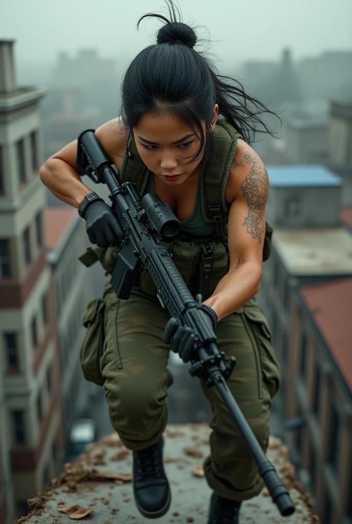 8k,realistic photo、realistic skin texture、Superrealism、Korean women in the US military、this、Beauty、American city view、Jumping from the roof of an old building to the roof of the next building、Automatic rifle、Heavy equipment、after the rain、Covered in scars、dirty、Muscles、Background out of focus、While avoiding gunfire、A look of despair、Dramatic composition、action、Fierce Battle、Ace
